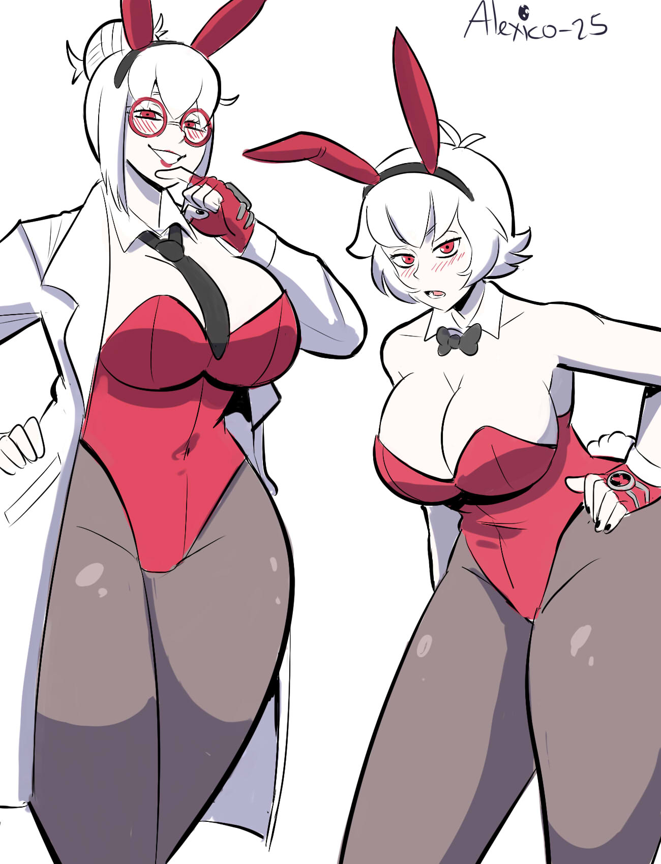 albedo (chaquetrix), alexico roadagain, ben 10, bowtie, bunny ears, bunny tail, bunnysuit, chaquetrix, curvy figure, female, genderbend, genderswap, glasses, gloves, half-closed eyes, labcoat, leotard, lipstick, omnitrix, pantyhose, red eyes, red gloves, red leotard, red pupils, rule 63, short hair, smile, tie, tied hair, voluptuous female, white background, white hair, wide hips