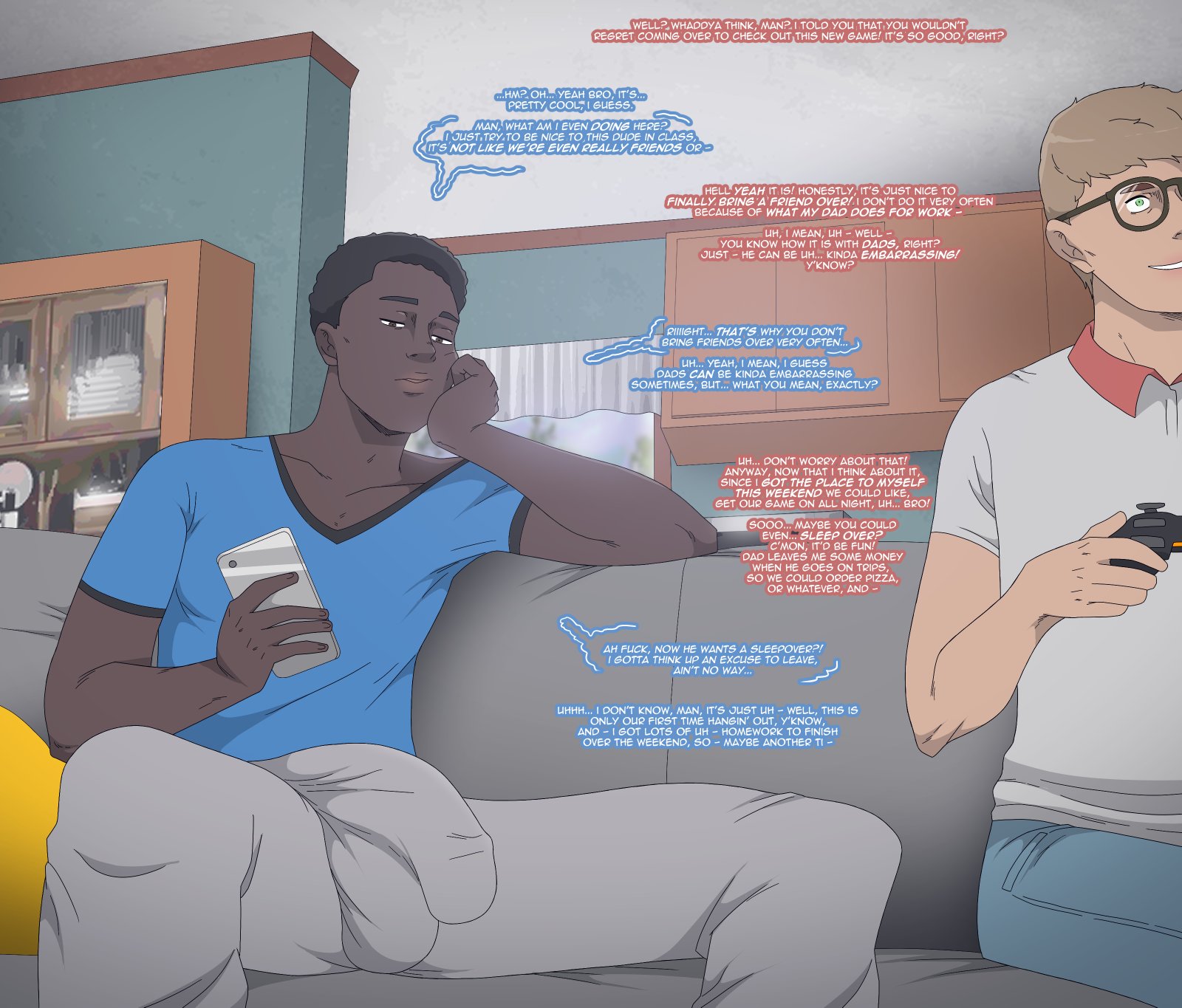 2boys, balls, big balls, big penis, black hair, bored, brown eyes, brown hair, brown skin, bulge, contingency, dark skin, dark-skinned male, green eyes, light skin, light-skinned male, male, male only, pale skin, pale-skinned male, penis, white skin
