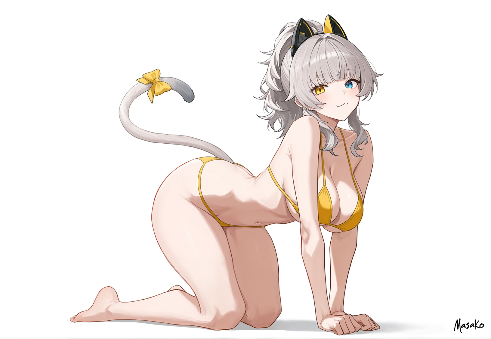 :3, ai assisted, ai generated, arching back, bikini, breasts, cat ears, cat girl, cat tail, catgirl, female, girls' frontline, girls' frontline 2: exilium, heterochromia, large breasts, light skin, light-skinned female, looking at viewer, masako o0, on all fours, pale skin, pale-skinned female, peritya (girls' frontline 2), white background, white hair