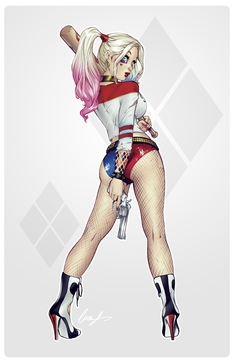 1girls, ass, baseball bat, bat (object), batman (series), blonde hair, blue eyes, boots, choker, dc, dc comics, dc extended universe, earrings, elias chatzoudis, eyeliner, eyeshadow, female, female only, fishnet, fishnet pantyhose, fully clothed, gun, harley quinn, high heels, lipstick, makeup, panties, pantyhose, revolver, solo, spiked bracelet, standing, suicide squad, three-tone hair, tied hair, twintails, weapon