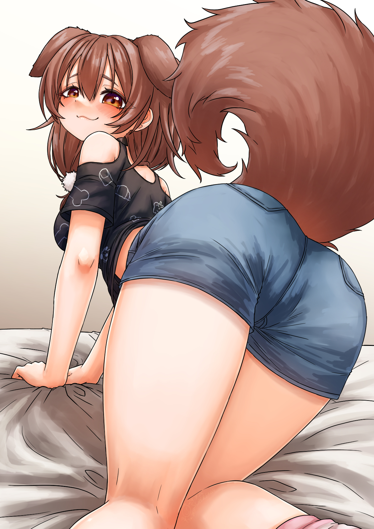 :3, all fours, animal ears, ass, bed sheet, black shirt, blue shorts, blush, breasts, brown eyes, brown hair, clothing cutout, dog ears, dog girl, dog tail, feet out of frame, female, floppy ears, from behind, hair between eyes, highres, hololive, inugami korone, inugami korone (roomwear), kneepits, knees together feet apart, looking at viewer, looking back, medium breasts, medium hair, shirt, short shorts, short sleeves, shorts, shoulder cutout, smile, solo, superfann, tail, thighs, virtual youtuber, vtuber