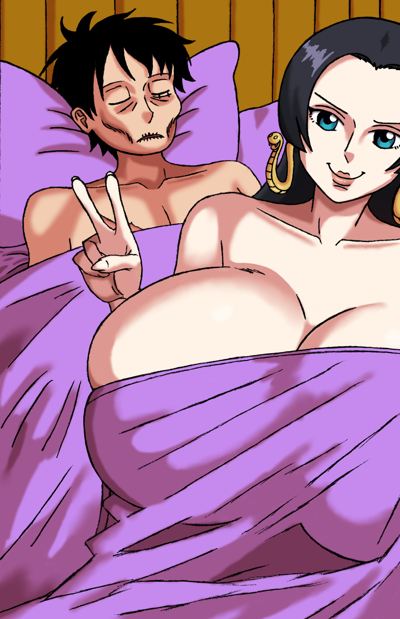 1boy, 1girls, after sex, bed, big breasts, billcast, black hair, blanket, blanket covering, blue eyes, boa hancock, breasts, breasts bigger than head, busty, covered nipples, covering, covering breasts, earrings, fat tits, female, female focus, giant breasts, gigantic breasts, guy tired after sex (meme), hime cut, hourglass figure, huge breasts, human, hyper breasts, large breasts, lips, lipstick, long hair, male, meme, monkey d luffy, on bed, one piece, oversized breasts, peace sign, pillow, scar, self upload, selfie, shounen jump, shueisha, sole female, sole male