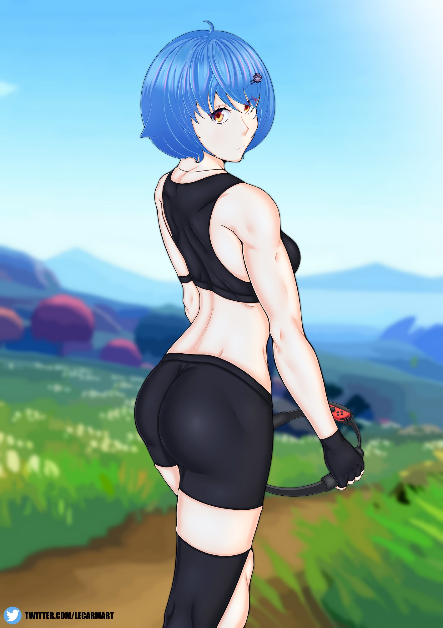 2021 amber_eyes ass backside blue_hair clothed day daytime fit gradient_eyes hair_ornament hairpin joy-con jpeg looking_at_viewer looking_back mana_renewal medium_breasts muscles orange_eyes outdoors short_hair shorts sports_bra sportswear thighhigh thighhighs virtual_youtuber vtuber