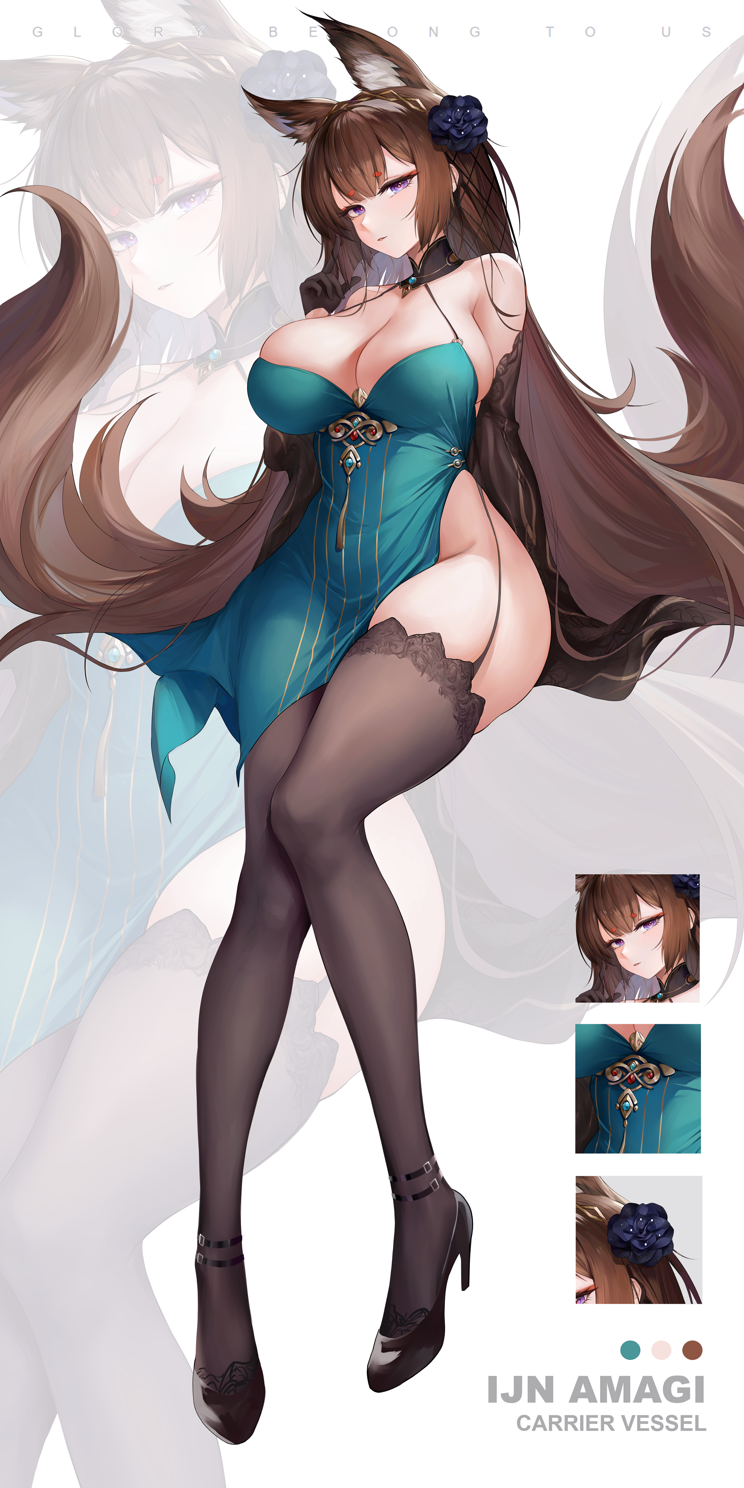 1girls, 2 tails, amagi (cv) (azur lane), amagi (cv) (throne of fallen petals) (azur lane), animal ears, azur lane, background, black gloves, black heels, black thighhighs, blue dress, blush, breasts, brown hair, cleavage, dress, ear, elbow, elegant, female, female only, flower, flower hair ornament, fluff, footwear, fox ears, fox tails, full, full body, gloves, gradient hair, green, hair, hair ornament, heels, high slit, jewelry, kitsune, large, large breasts, long hair, looking at viewer, multi tail, panties, purple eyes, sakura empire (azur lane), shoulders, sitting, smile, solo, straps, thigh strap, thighhighs, thighs, xiao feifei