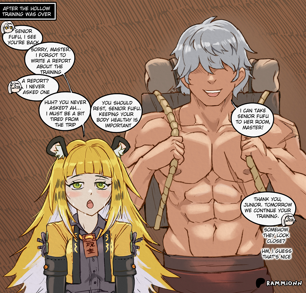 1boy, 1girls, abs, backpack, bare chest, big ass, blonde female, dialogue, gray hair, green eyes, implied sex, ju fufu, looking tired, muscular male, pale skinned female, post sex, rammionn, scar, smile, taller male, tanned skin, tiger ears, tiger girl, training, wise (zenless zone zero), zenless zone zero