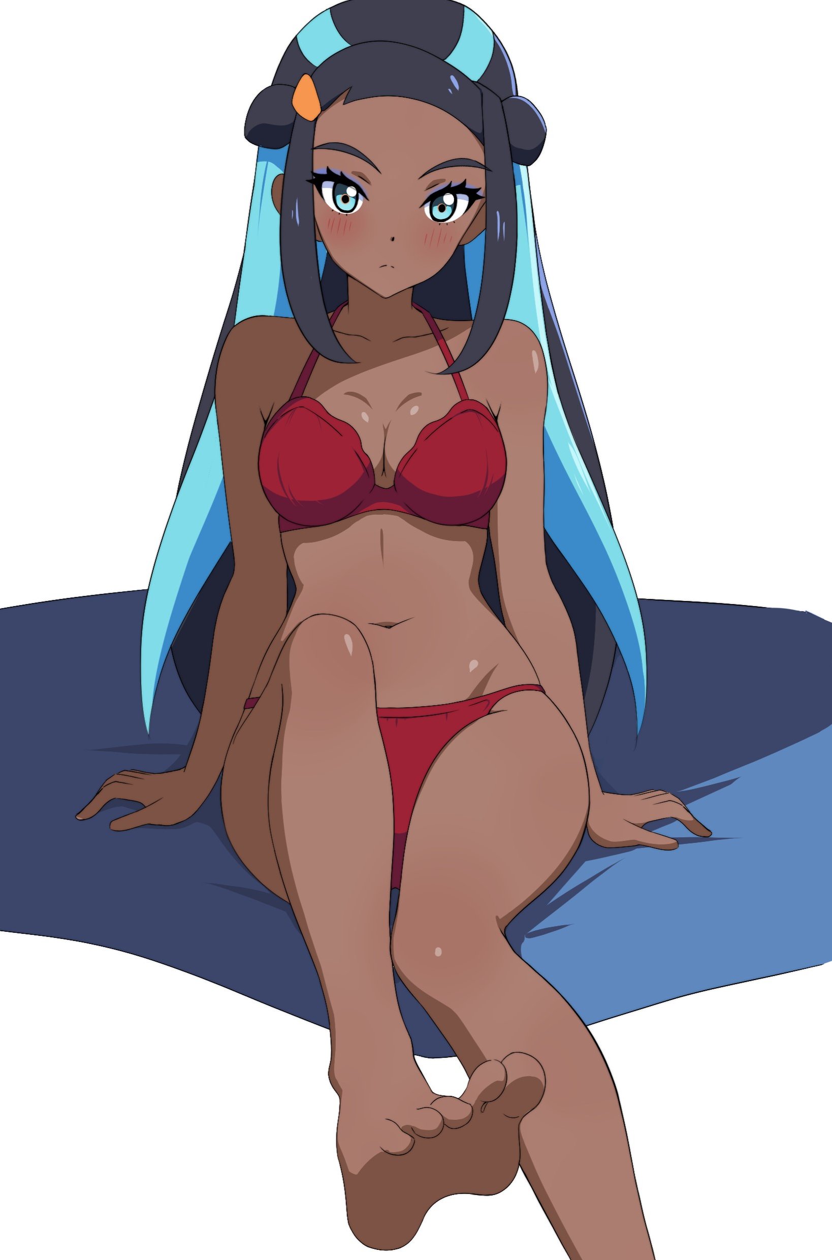 1girls, 2024, 2d, barefoot, bikini, black hair, blue eyes, blue hair, dark skin, feet, female, looking at viewer, mnkr98, nessa (pokemon), nintendo, pokemon, pokemon ss, sitting, soles, solo, solo female, tagme, toes, white background