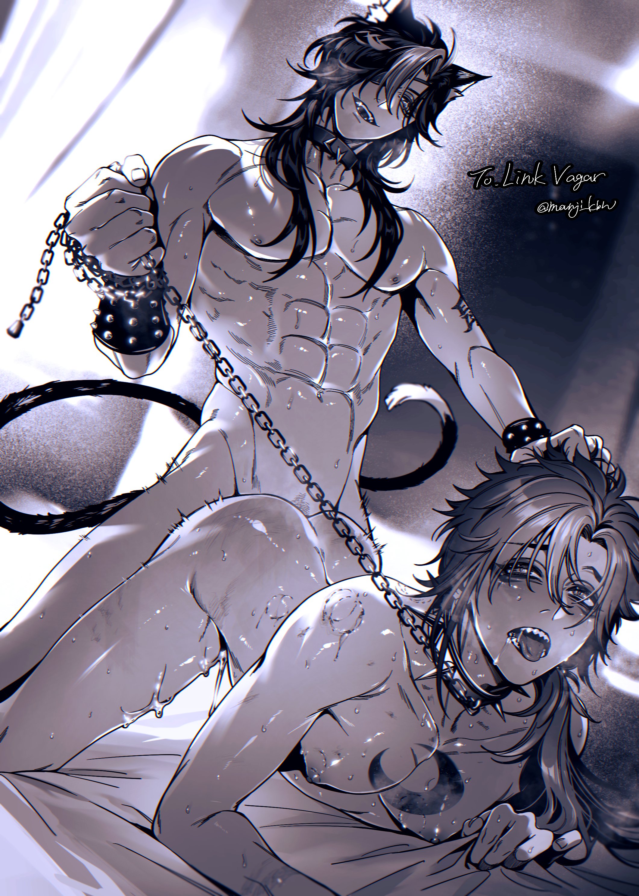 2boys, ahe gao, ahegao, ahegao face, anal, armband, athletic, athletic male, bite mark, bite marks, cat boy, cat ears, cat tail, catboy, chain, chain leash, collar, collar only, dominant, dominant male, domination, eyepatch, fit, fit body, fit male, gay, grabbed by the head, grabbing hair, grabbing head, greyscale, holding hair, holding head, leash, leash and collar, leash pull, leashed male, linkvagar, long hair, male, male only, male/male, manji kbn, muscles, no color, ruivermilionx, spiked armband, spiked collar, spikes, submission, submissive, submissive male, sweat, sweating, sweaty, sweaty body, toned, toned body, toned male, tongue, tongue out, twunk, yaoi