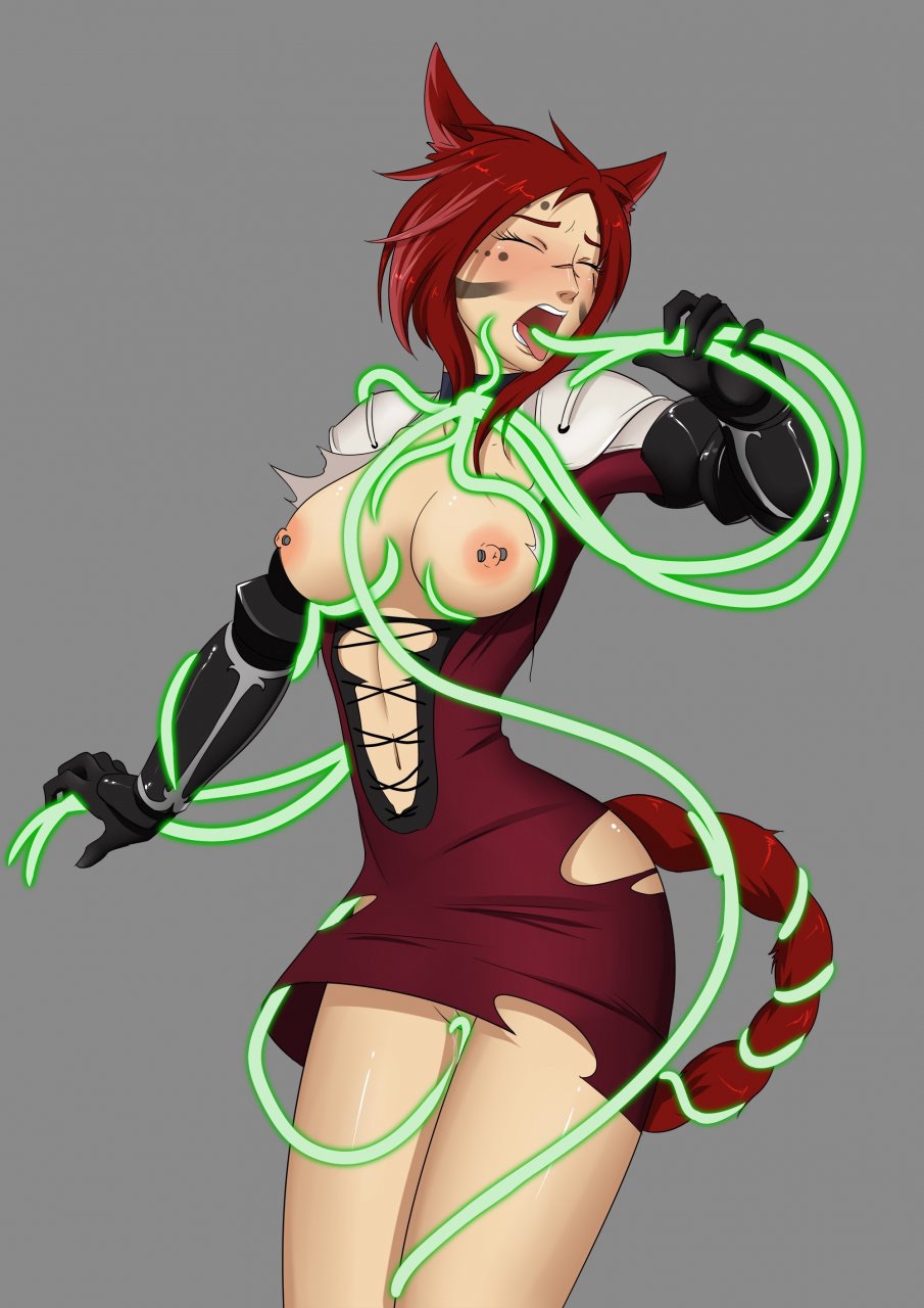 animal ears, armor, blush, breasts, cat ears, cat tail, clothed sex, clothing, dress, erect nipple, facial mark, fellatio, female, final fantasy, final fantasy xiv, miqo'te, nekomimi, nipple piercing, nipples, oo sebastian oo, open mouth, oral, piercing, pussy, rape, red hair, sabrith ebonclaw, tail, tattoo, tentacle, tentacle grab, torn clothes
