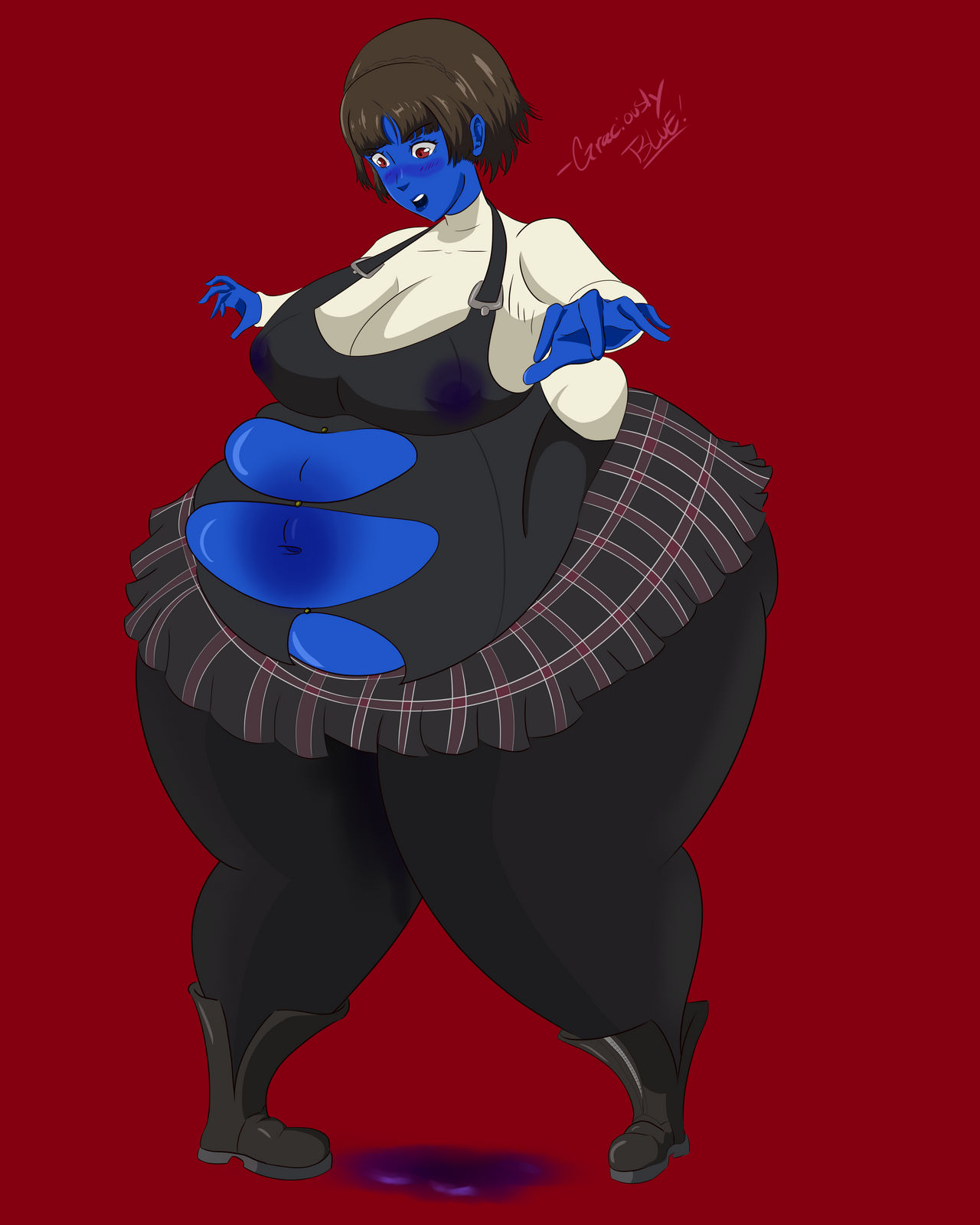 ass, blue body, blue skin, blueberry inflation, blush, breasts, female, graciouslyblue, huge ass, huge belly, huge breasts, inflation, lactating, lactating juice, makoto niijima, obese, obese female, persona, persona 5, ripping clothing, shocked expression, skirt, solo