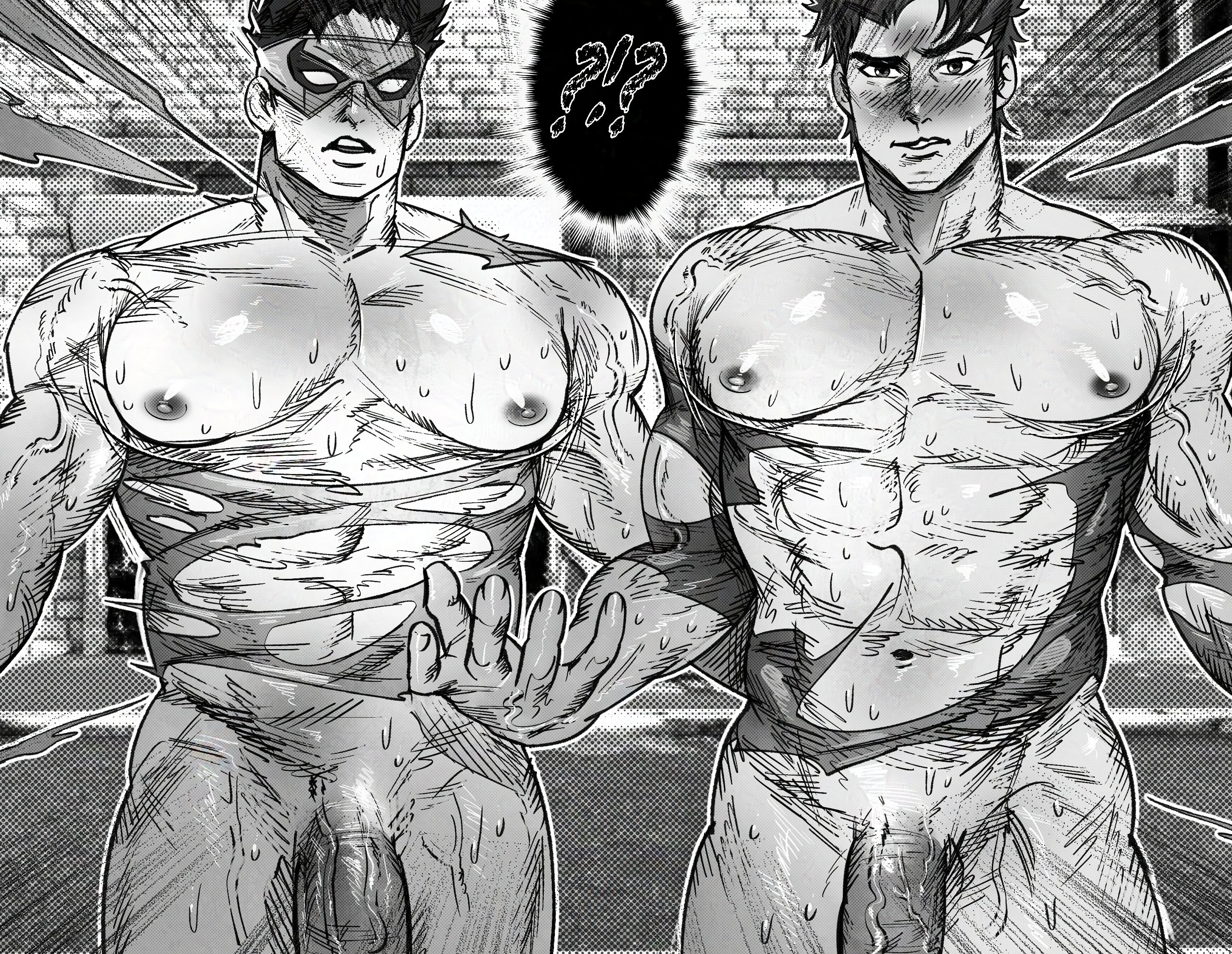2boys, almost naked, barayot, big chest, black and white, blank eyes, blush, brick wall, chest, gay, iron fist, iron fist (marvel rivals), lin lie, male, male only, male/male, marvel, marvel comics, marvel rivals, mask, nervous, nervous sweat, penis, peter parker, question mark, ripped clothing, ripped shirt, spider-man, spider-man (marvel rivals), spider-man (series), surprised, surprised expression, surprised face, sweat, sweatdrop, tagme, veins on cock, veins on dick, veins on penis, veiny arms, veiny cock, veiny dick, veiny penis, yaoi