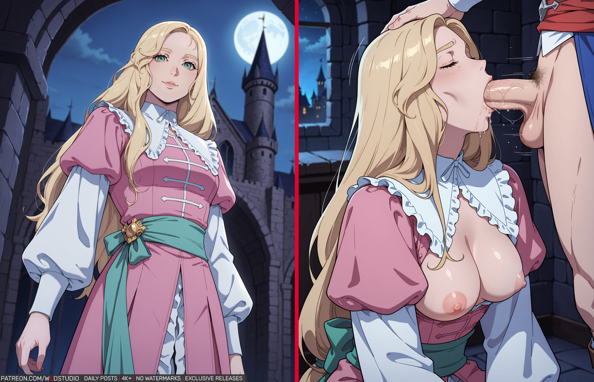 1boy, ai generated, ai-created, balls, bangs, blonde hair, blush, bodily fluids, breasts, breasts out of clothes, castle, castlevania, castlevania (netflix), closed eyes, clothing, dress, erection, exposed breasts, fellatio, female, frills, full moon, green eyes, hand on another's head, hand on head, headwear, high resolution, irrumatio, large breasts, long hair, long sleeves, male, male pubic hair, maria renard, moon, night, night sky, nipples, oral, outdoors, penis, pink dress, pubic hair, puffy sleeves, saliva, sex, sky, smile, straight, testicles, wodstudio
