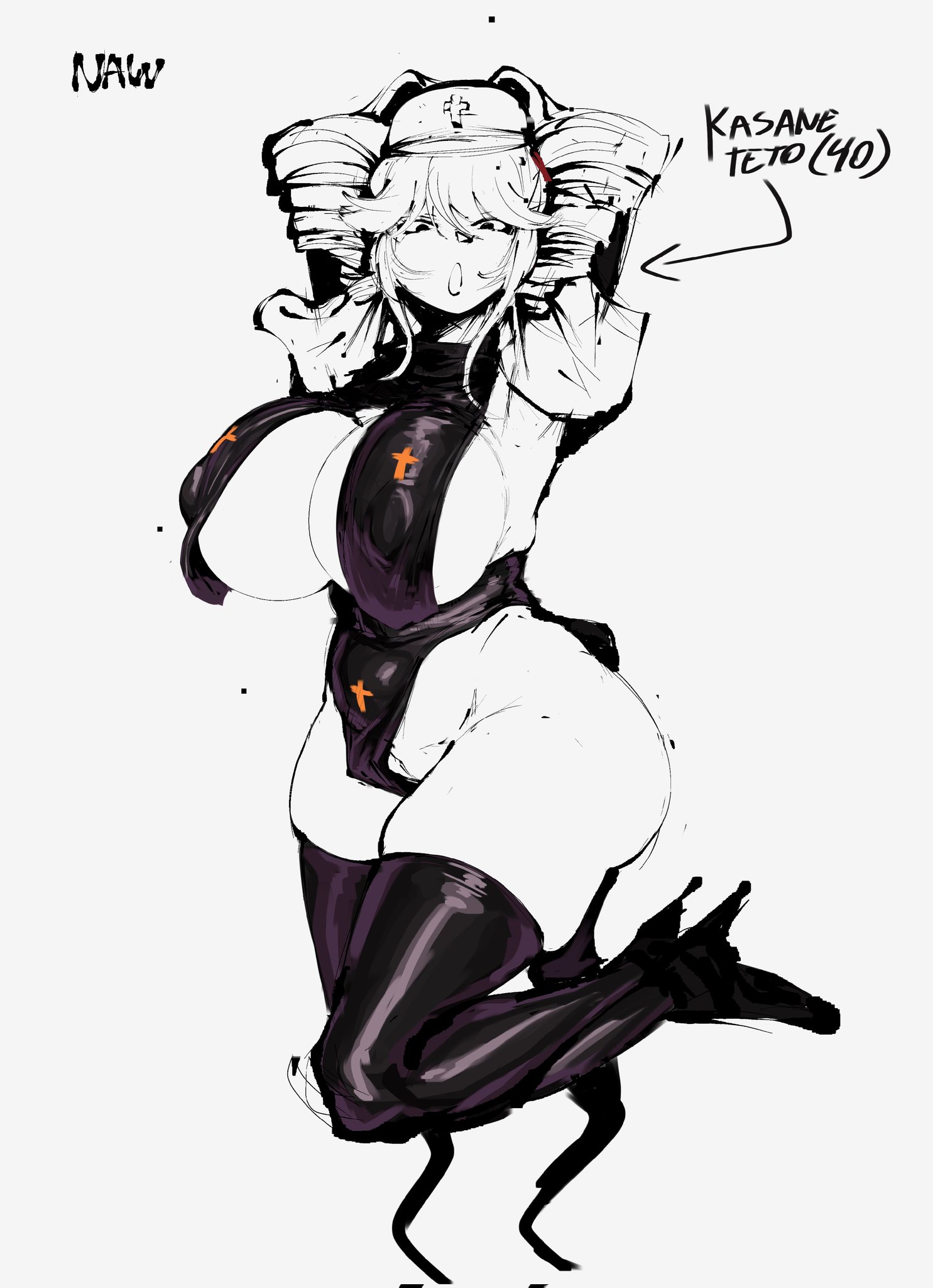 1girls, 2d, 2d (artwork), arms behind head, arms up, ass, big ass, big breasts, black and white, breast curtains, breasts, cross, curvaceous, curvy, curvy female, curvy figure, fat ass, fat thighs, female, female only, heels, high heels, huge ass, huge breasts, huge thighs, kasane teto, large ass, large breasts, latex, latex legwear, leather, leather clothing, milf, monochrome, naw, naw01q, nipple bulge, nun, open mouth, pussy, revealing clothes, sideboob, skindentation, solo, solo female, synthesizer v, thick thighs, thighhighs, thighs, utau, visible pussy, voluptuous, voluptuous female, wide hips