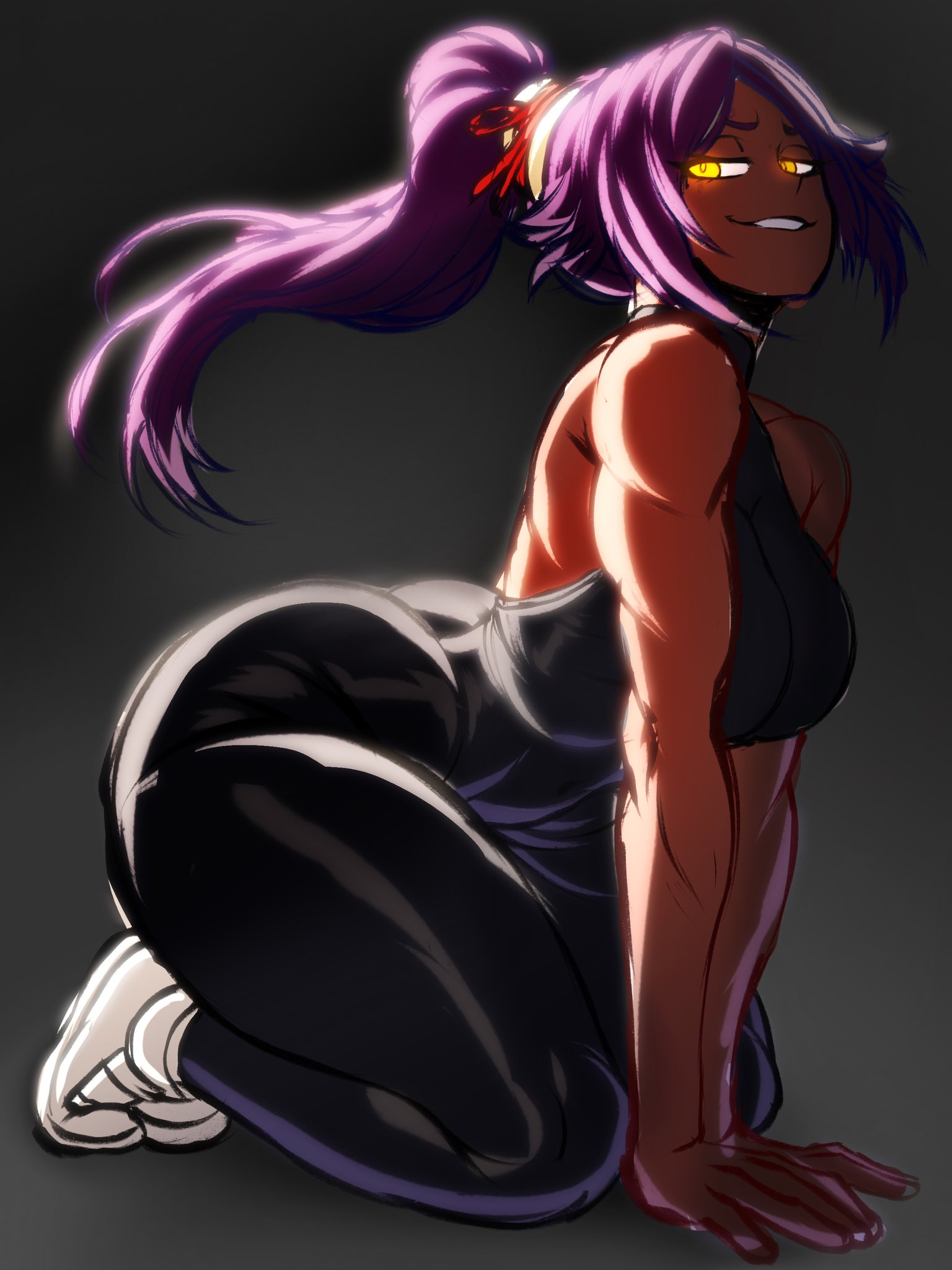 1girls, bare shoulders, bleach, breasts, dark skin, dark-skinned female, female, female focus, female only, grey background, hair ornament, kwalker1009, large breasts, long hair, pants, parted bangs, ponytail, purple hair, shihouin yoruichi, shoes, simple background, sneakers, teeth, thighs, yellow eyes