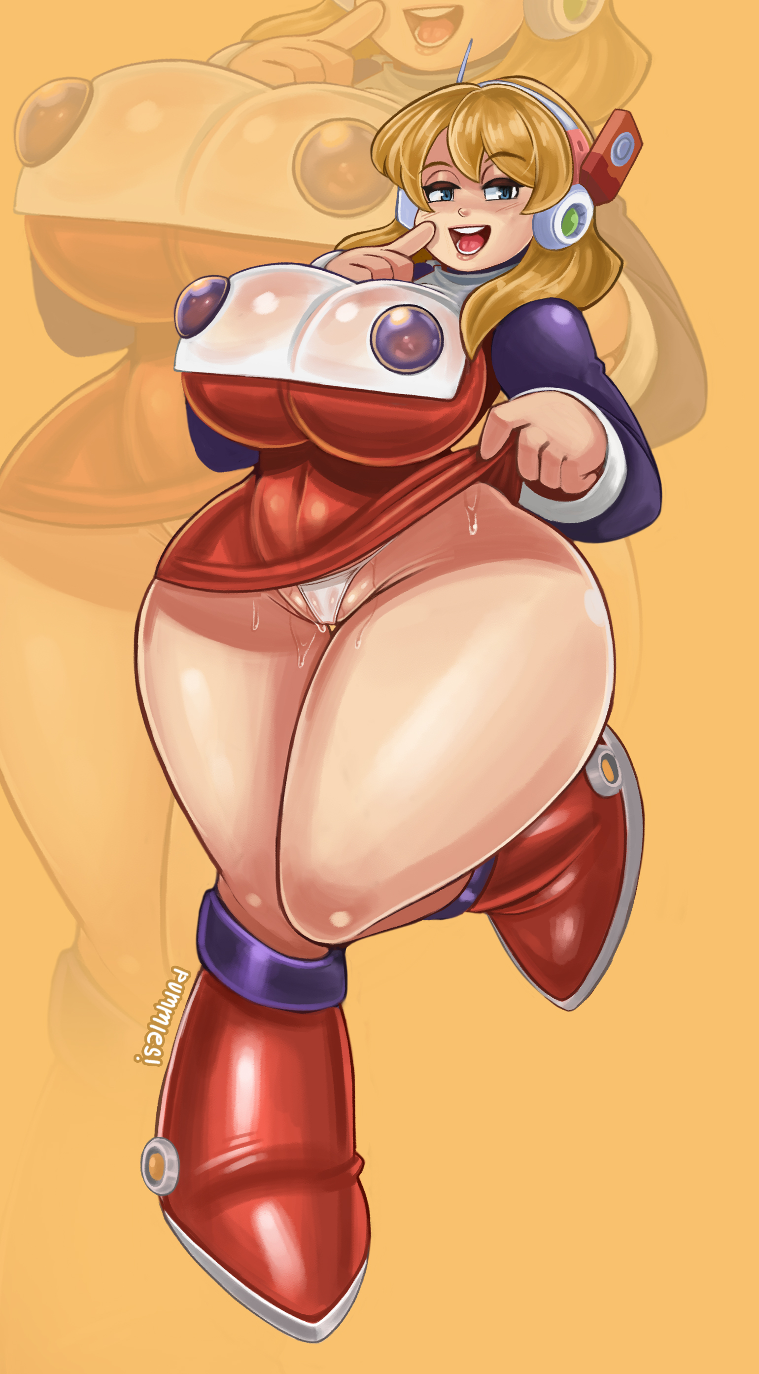 1girls, alia, big breasts, big thighs, blonde hair, blue eyes, breasts, capcom, clothes lift, cosplay, female, female only, full body, hi res, light blush, looking at viewer, mega man, mega man (classic), mega man 8, mega man x, open mouth, panties, pummies, pussy, roll (cosplay), smiling, smiling at viewer, solo, thick thighs, thighs, wet pussy, wide hips