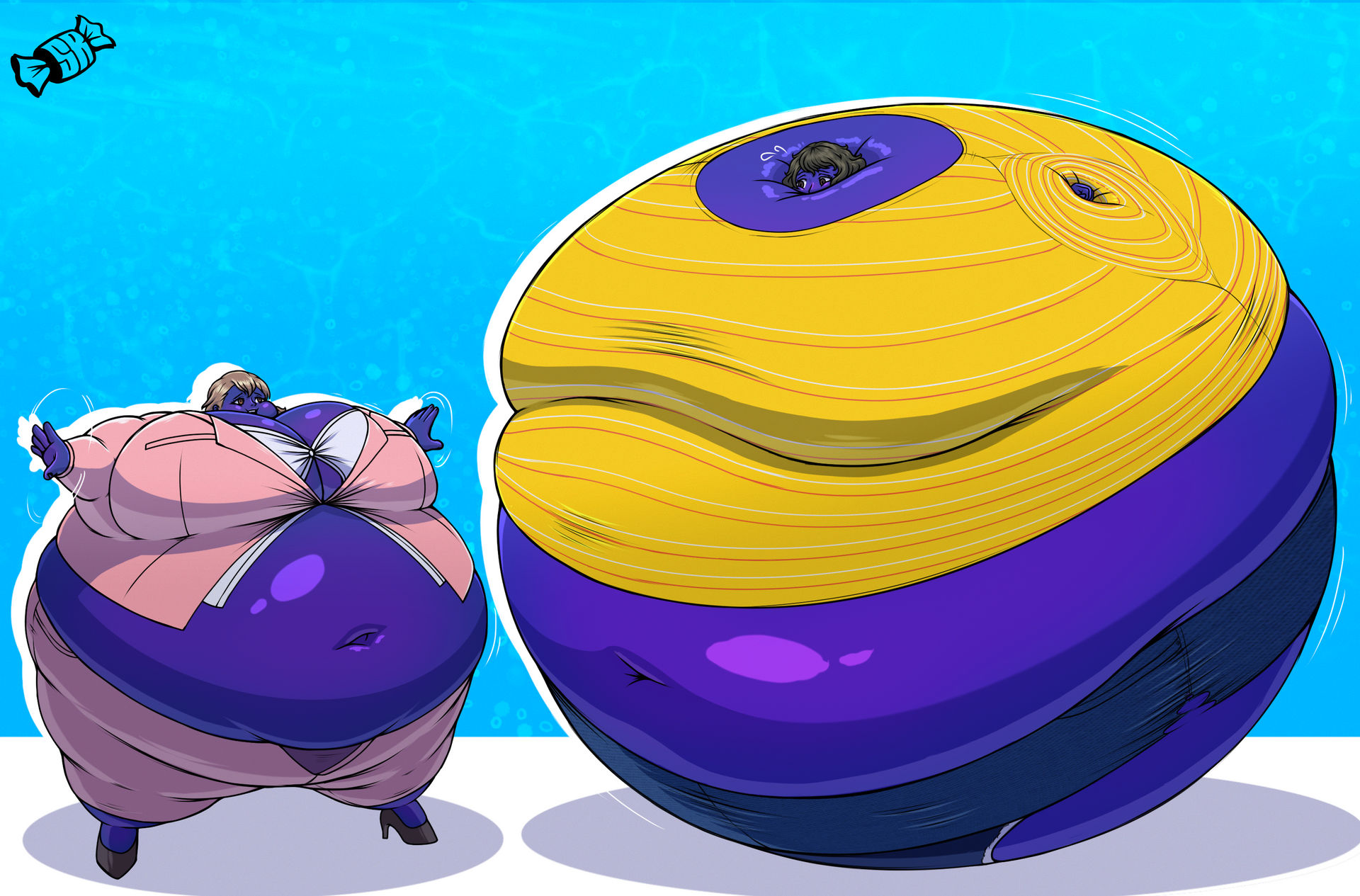 blueberry inflation, embarrassed, female, immobile, inflation, losing balance, morbidly obese, navel, pants unzipped, persona, persona 5, purple skin, ripping clothing, sadayo kawakami, spherical inflation, stretched clothing, sugarrollart, sunken head, sunken limbs, toriumi isako