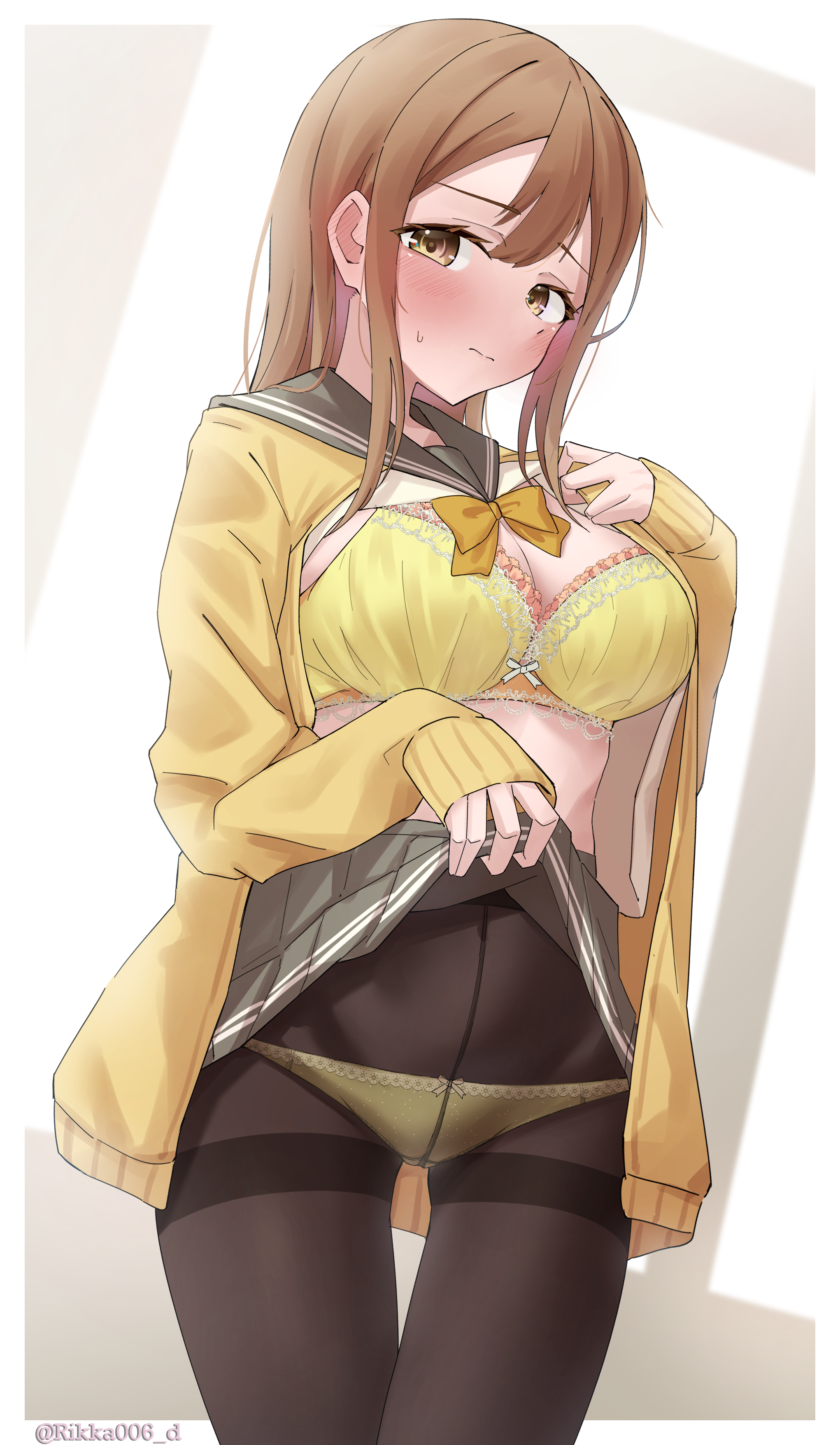1girls, absurdres, black pantyhose, blush, bow, bow bra, bow panties, bowtie, bra, breasts, brown eyes, brown hair, cardigan, closed mouth, commission, covered navel, ear blush, embarassed, exposed panties, female, flashing panties, grey sailor collar, grey skirt, highres, kunikida hanamaru, large breasts, lifting own clothes, long hair, long sleeves, looking at viewer, love live!, love live! sunshine!!, panties, panties under pantyhose, pantyhose, pixiv commission, pleated skirt, rikka006, sailor collar, school uniform, serafuku, showing panties, sidelocks, skirt, skirt lift, solo, sweatdrop, thighband pantyhose, underwear, uranohoshi school uniform, yellow bow, yellow bowtie, yellow bra, yellow cardigan, yellow panties