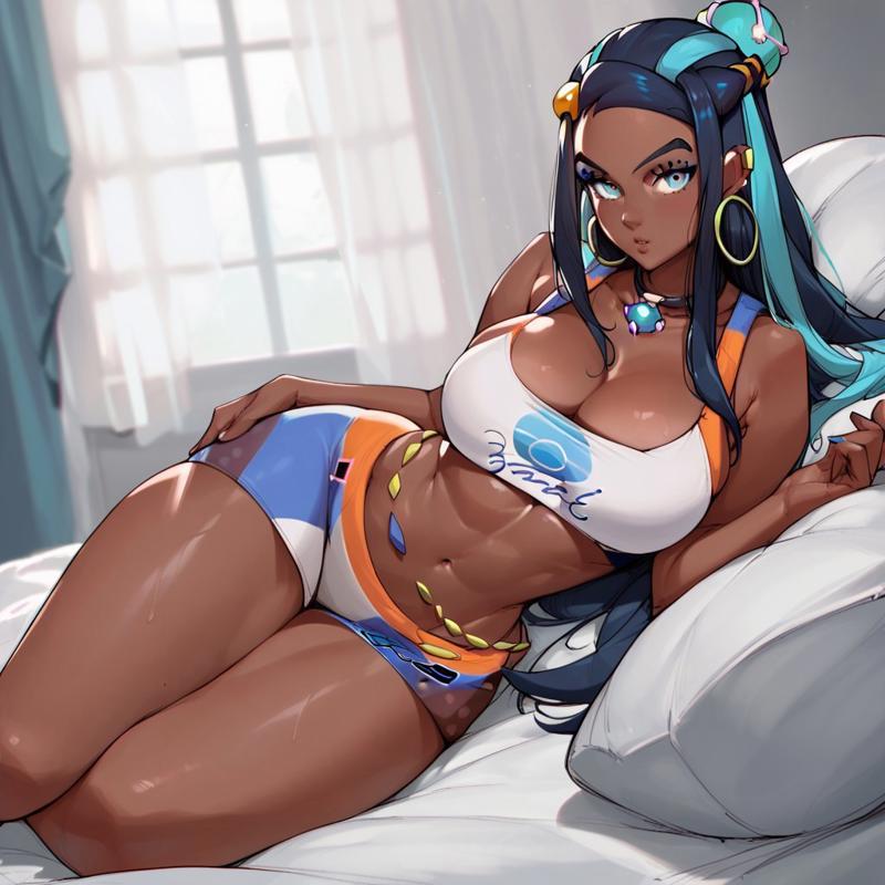 1girls, ai generated, ass, curvy, female, female only, joabond, laying down, nessa (pokemon), on bed, pokemon, seductive eyes, seductive look, seductive pose, seductive smile, solo, thick ass, thick thighs, thighs, wide hips
