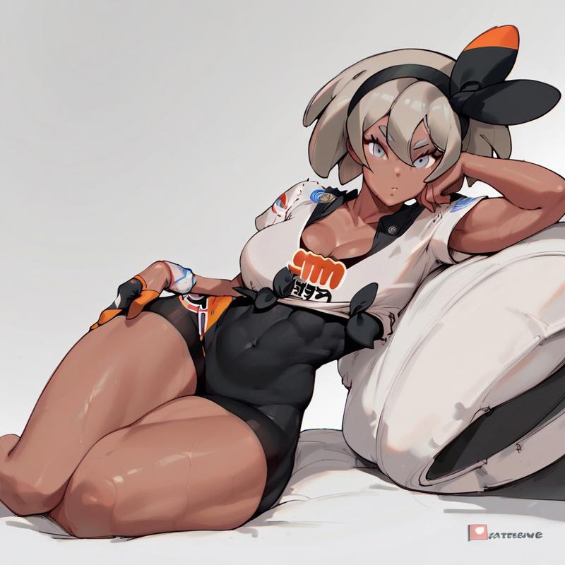 ai generated, ass, bea (pokemon), curvy, female, joabond, laying down, on bed, pokemon, saitou (pokemon), seductive, seductive eyes, seductive look, seductive pose, seductive smile, sexy, thick ass, thick thighs, thighs, wide hips