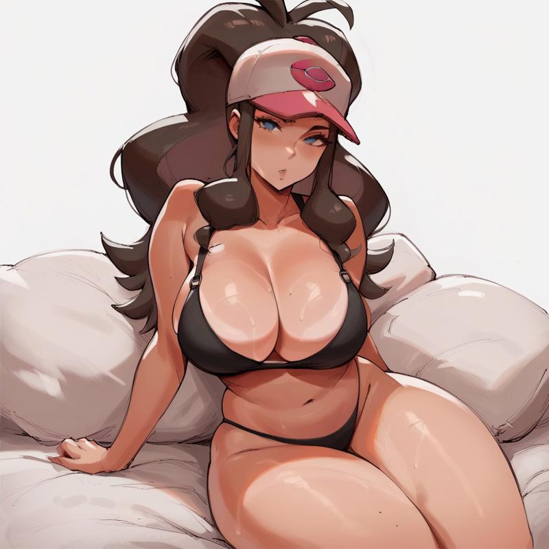 ai generated, ass, curvy, female, hilda (pokemon), joabond, laying down, on bed, pokemon, seductive, seductive eyes, seductive look, seductive pose, seductive smile, sexy, thick ass, thick thighs, thighs, wide hips