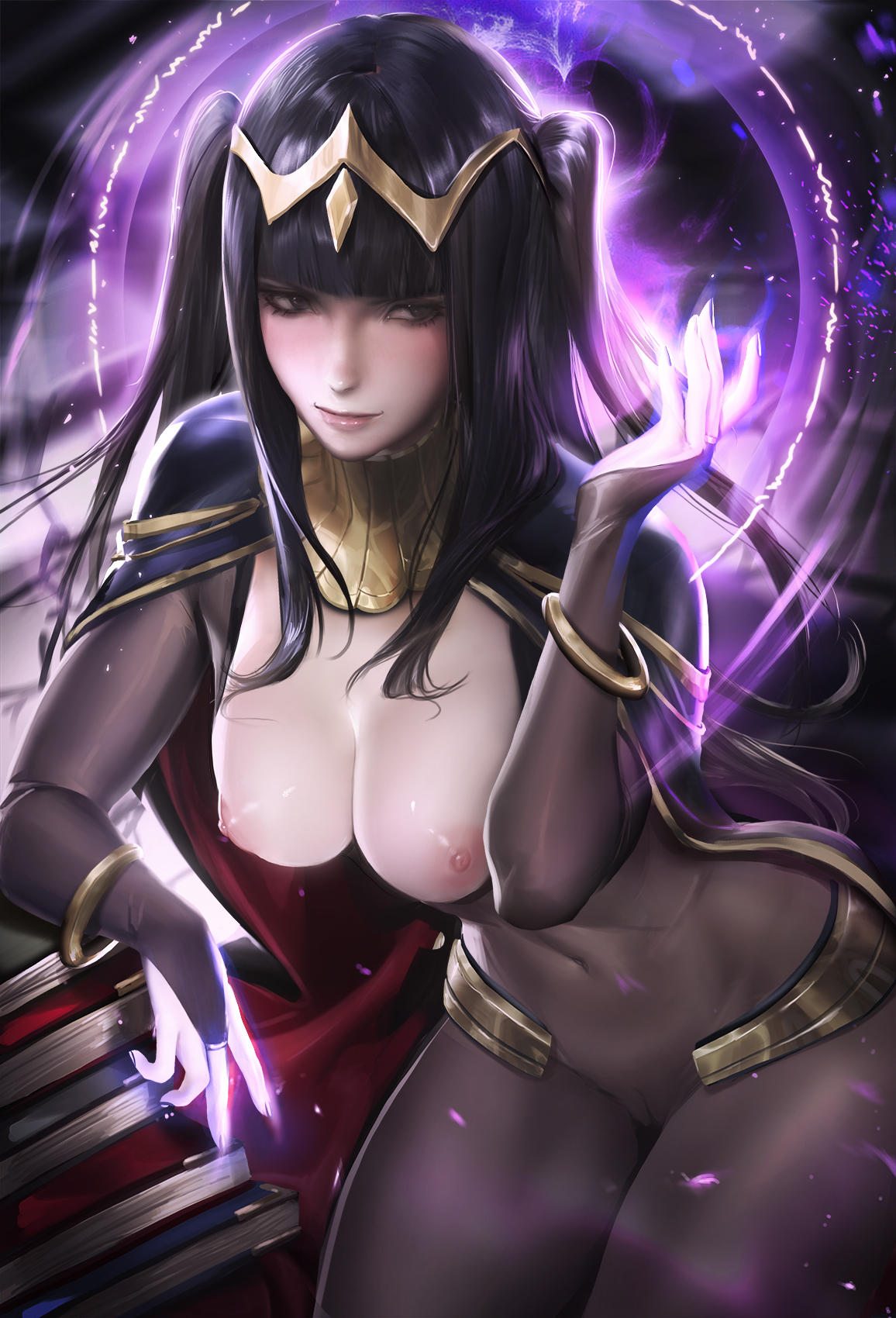 black hair, bodystocking, bodysuit, bra, bracelet, cape, circlet, cleavage, female, fire emblem, fire emblem awakening, loincloth, long hair, navel, nintendo, nipples, sakimichan, see-through, solo, tharja (fire emblem)