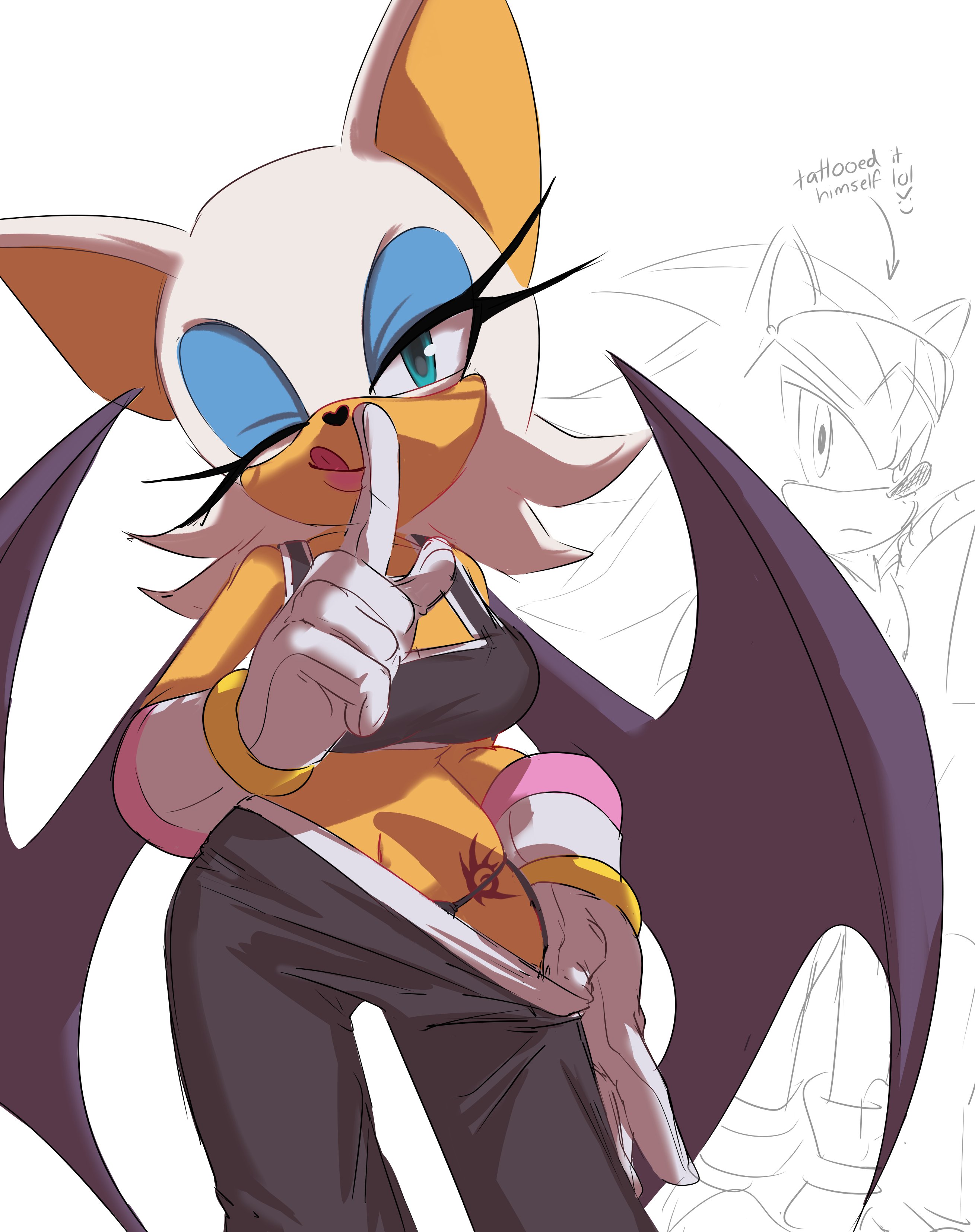 1girls, alternate costume, anthro, anthro female, anthro male, artist request, bat, bat girl, bat wings, big breasts, black bra, black panties, blue eyes, blue eyeshadow, bra, breasts, busty, eyelashes, eyeliner, eyeshadow, female, female anthro, flashing, furry female, furry male, gloves, half-closed eyes, humanoid, large breasts, lipstick, looking at viewer, male, male anthro, meme, midriff, mobian (species), navel, official alternate costume, panties, pants, pink lipstick, presenting, rings, rouge the bat, rouge the bat (olympic games), shadow the hedgehog, shadow the hedgehog tattoo, shushing, solo, sonic (series), sonic riders, sonic the hedgehog (series), sports bra, ssaaunaa, tagme, tattoo, teasing, thong, tongue, tongue out, voluptuous, white background, white fur, wings, wink, wrist rings, wristwear