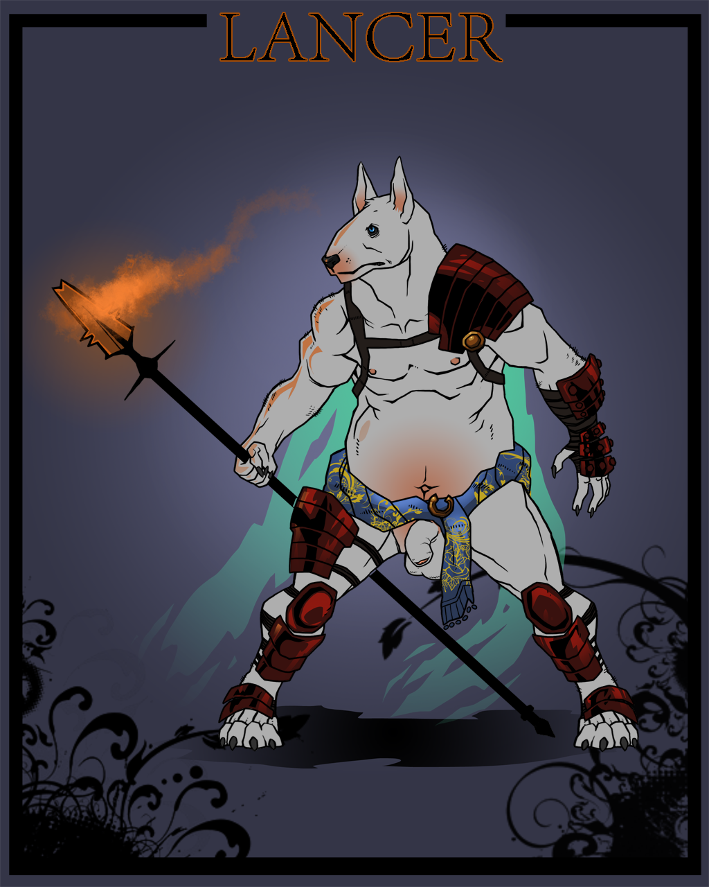 anthro armor badcoyote bipedal bullterrier canine flaccid full-length_portrait full_length humanoid_penis lancer male male_only nude penis portrait solo standing weapon