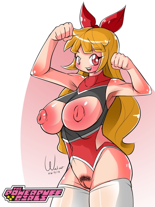 1girls areola blossom_(powerpuff_girls) blush bow breasts chefwataw female female_only front_view human large_areolae large_breasts large_nipples long_hair nipples pose powerpuff_girls pubic_hair red_eyes simple_background solo standing thighhighs