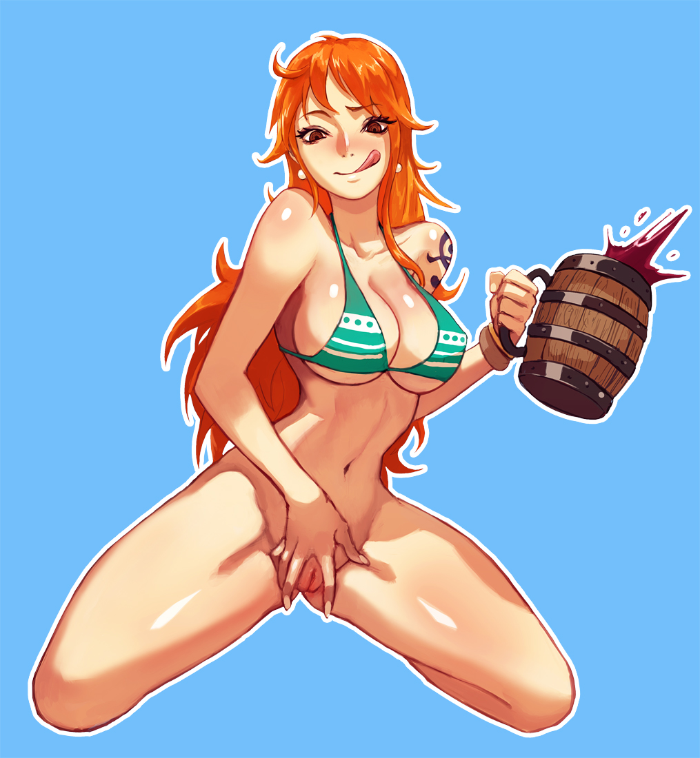 1girls, arm tattoo, beer, belly, bikini, bikini top, blue background, blue tattoo, breasts, cleavage, female, female only, human, large breasts, long hair, nami (one piece), navel, one piece, orange hair, orange-haired female, post-timeskip, pussy, shanabi, simple background, solo, striped bikini, tagme, tattoo, tattoo on arm, tattooed arm, thighs, tongue, tongue out, vagina