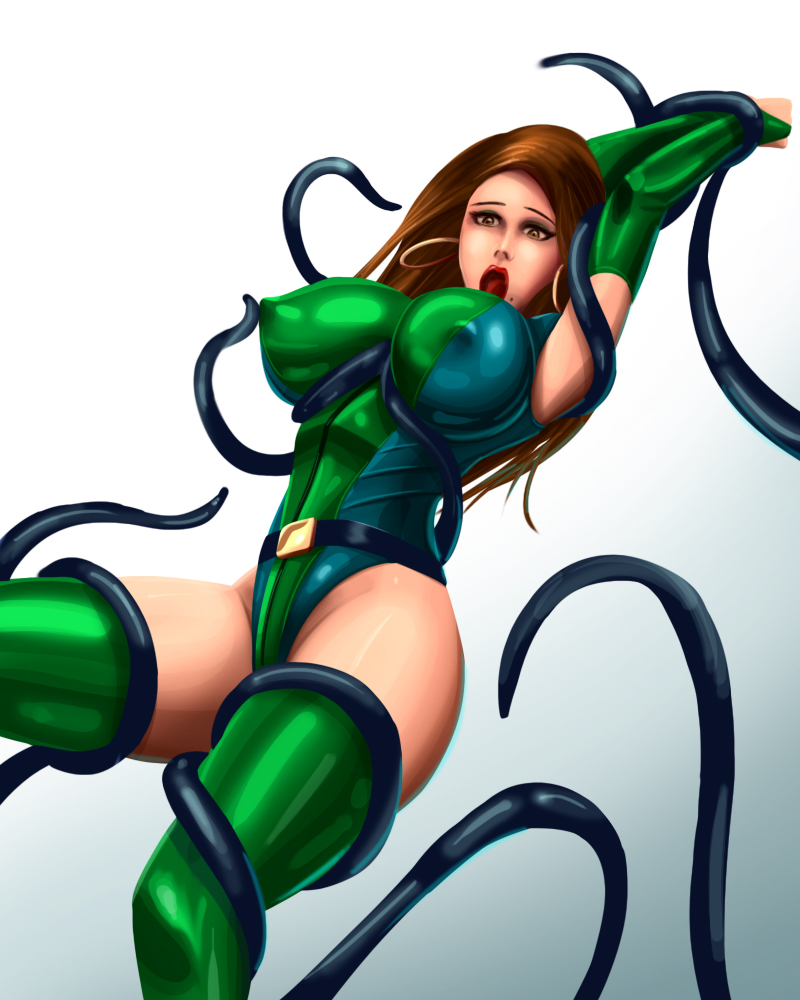armpits, arms up, bare shoulders, beauty mark, belt, breast grab, breasts, bridal gauntlets, brown eyes, brown hair, earrings, erect nipples, female, from below, green legwear, huge breasts, imminent rape, interspecies, latex, leotard, long hair, looking down, mole, monster, morganna (psyconamon12), nipple tweak, nipples, open mouth, original, pokies, restrained, shiny, shiny clothes, skin tight, surprised, svoidist, tentacle, thighhighs