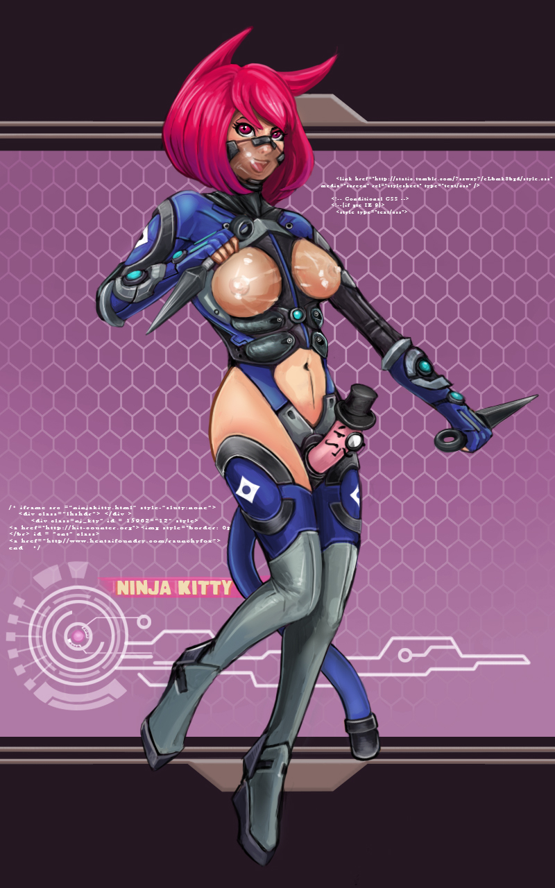 cyberpunk female kunai ninjakitty_(character) raunchyfox red_eyes red_hair wangsworth