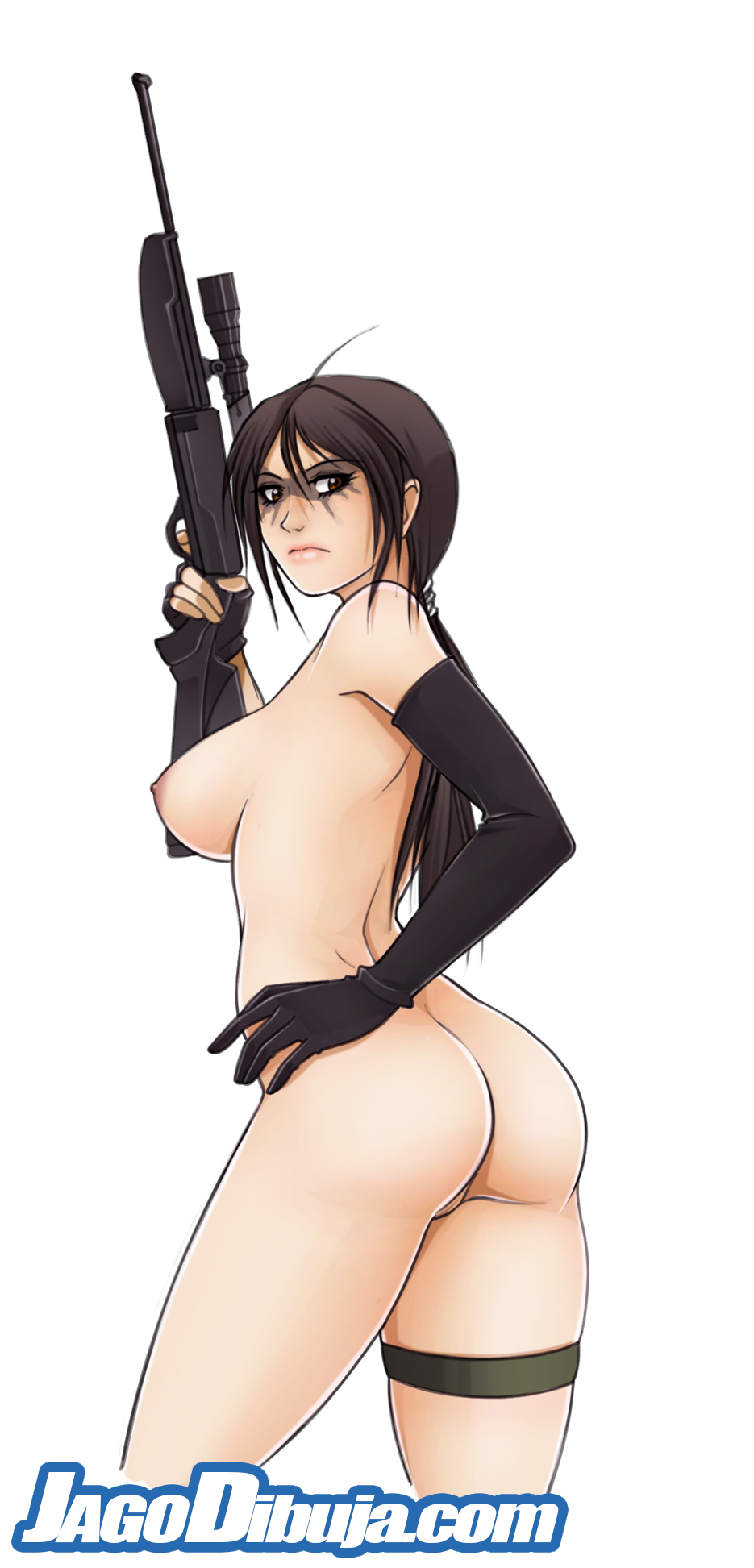 ass, breasts, brown hair, elbow gloves, female, gloves, jago dibuja, large breasts, long hair, metal gear, metal gear solid, metal gear solid v, nipples, quiet (metal gear), simple background, sniper, thighs, watermark, weapon, white background