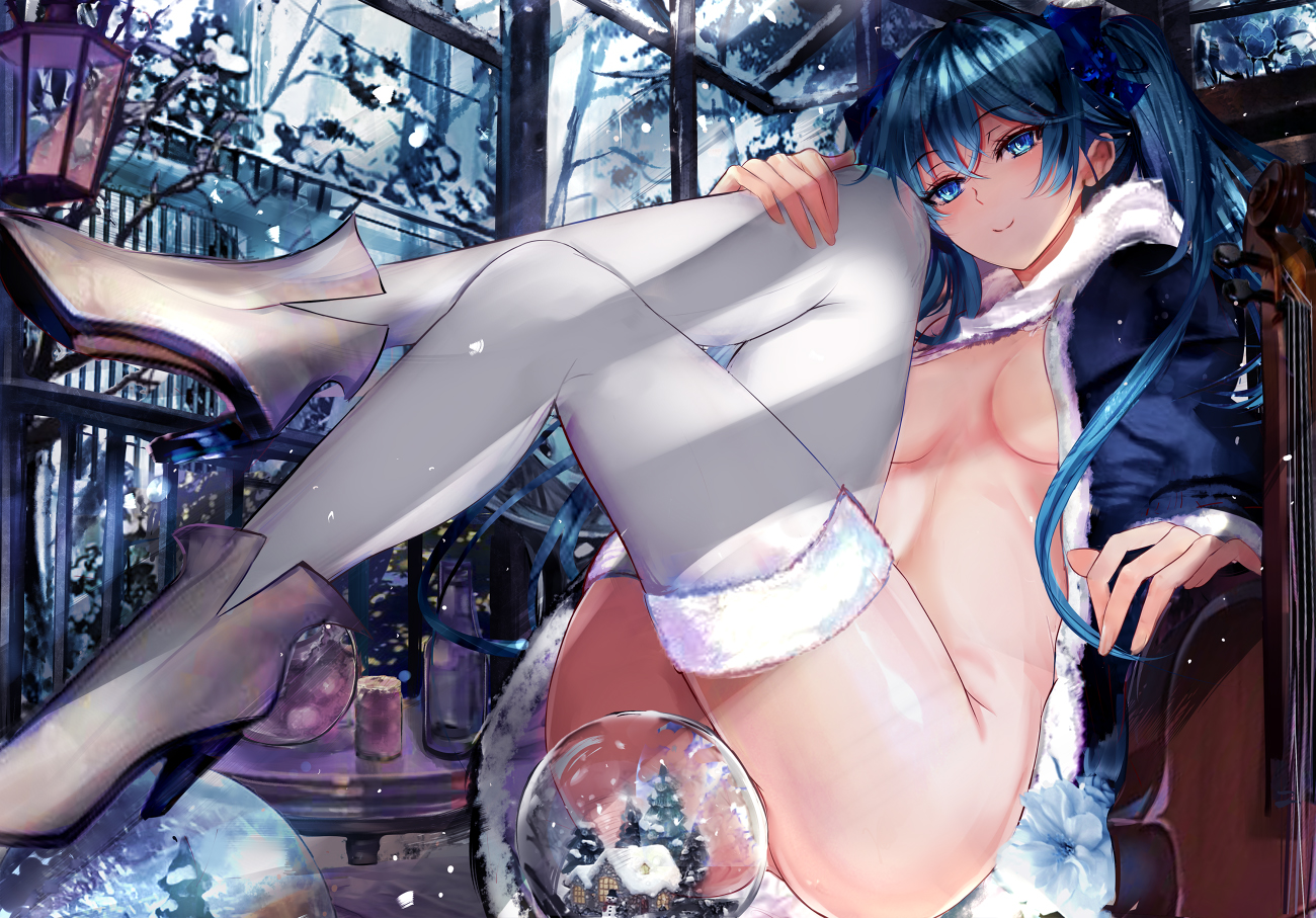 1girl, 1girls, ankle boots, blue eyes, blue hair, boots, bottomless, breasts, convenient censoring, female, hatsune miku, high heels, long hair, looking at viewer, medium breasts, misaka 12003-gou, naked coat, open clothes, sitting, smile, snow, snow globe, solo, tagme, thighhighs, twintails, vocaloid, white legwear, white thighhighs
