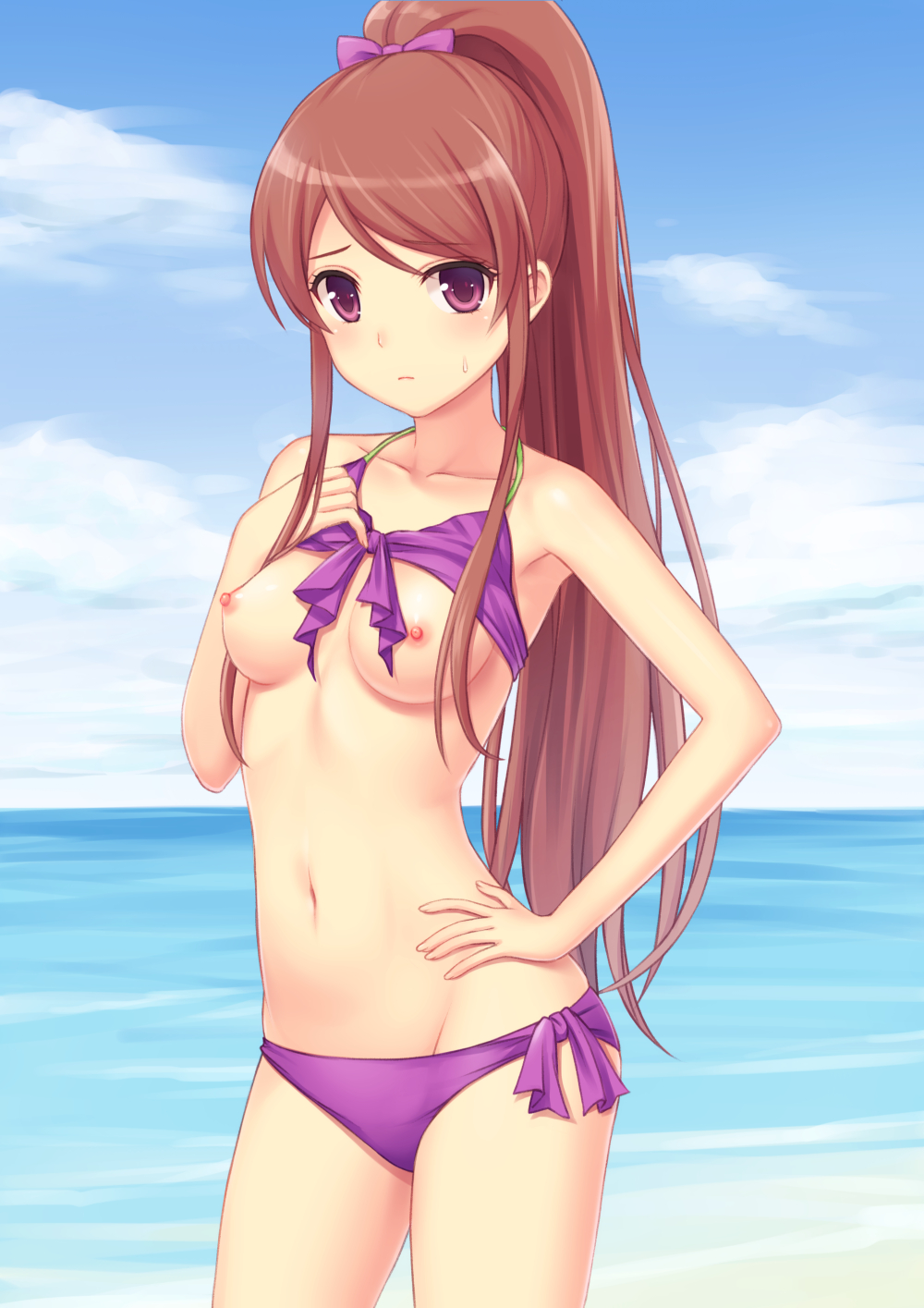 aikatsu! bikini bikini_lift blush breasts brown_hair female front-tie_top hair_ribbon high_ponytail highres lifted_by_self long_hair looking_at_viewer n.g. navel nipples ponytail purple_bikini purple_eyes ribbon shibuki_ran side-tie_bikini solo sweat swimsuit tied_hair very_long_hair