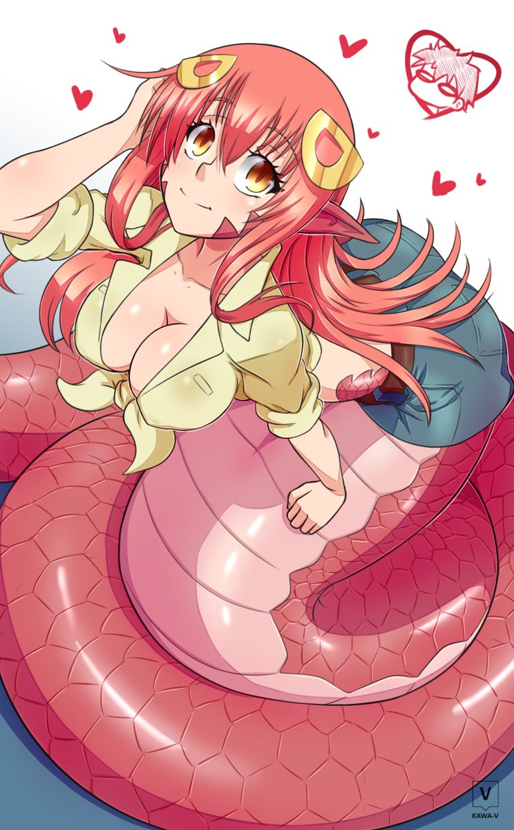 1girls, ass, breasts, cleavage, clothed, clothing, female, female only, gold eyes, hair ornament, heart, kawa-v, lamia, miia (monster musume), monster girl, monster girl (genre), monster musume no iru nichijou, naga, open eyes, red hair, red scales, reptile, scalie, shirt, smile, snake, solo, source request, tail, text, watermark, white background