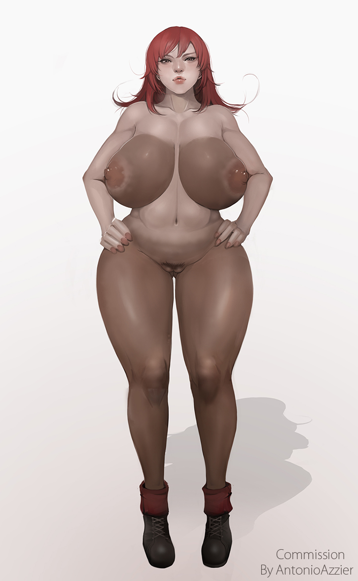 antonioazzier big_hips boots breasts feceina female human legs pubic_hair red_eyes red_hair solo standing two_tone_skin vagina