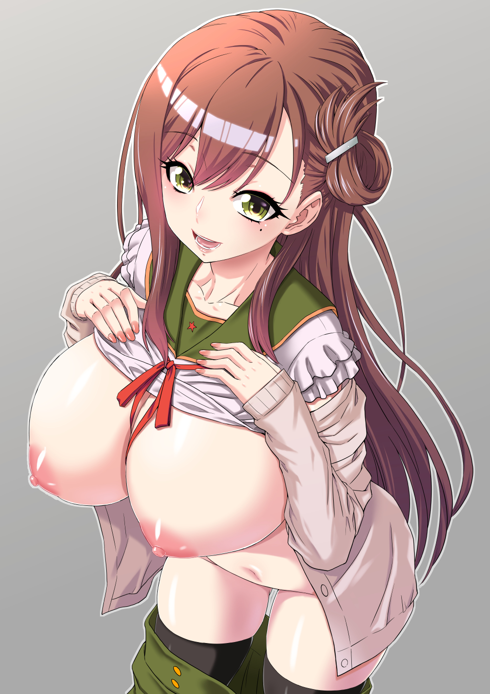 belly birthmark breasts brown_hair clothes female gakkou_gurashi! green_eyes huge_breasts long_hair navel nipples open_mouth simple_background smile solo tagme teeth thighhighs tongue wakasa_yuuri