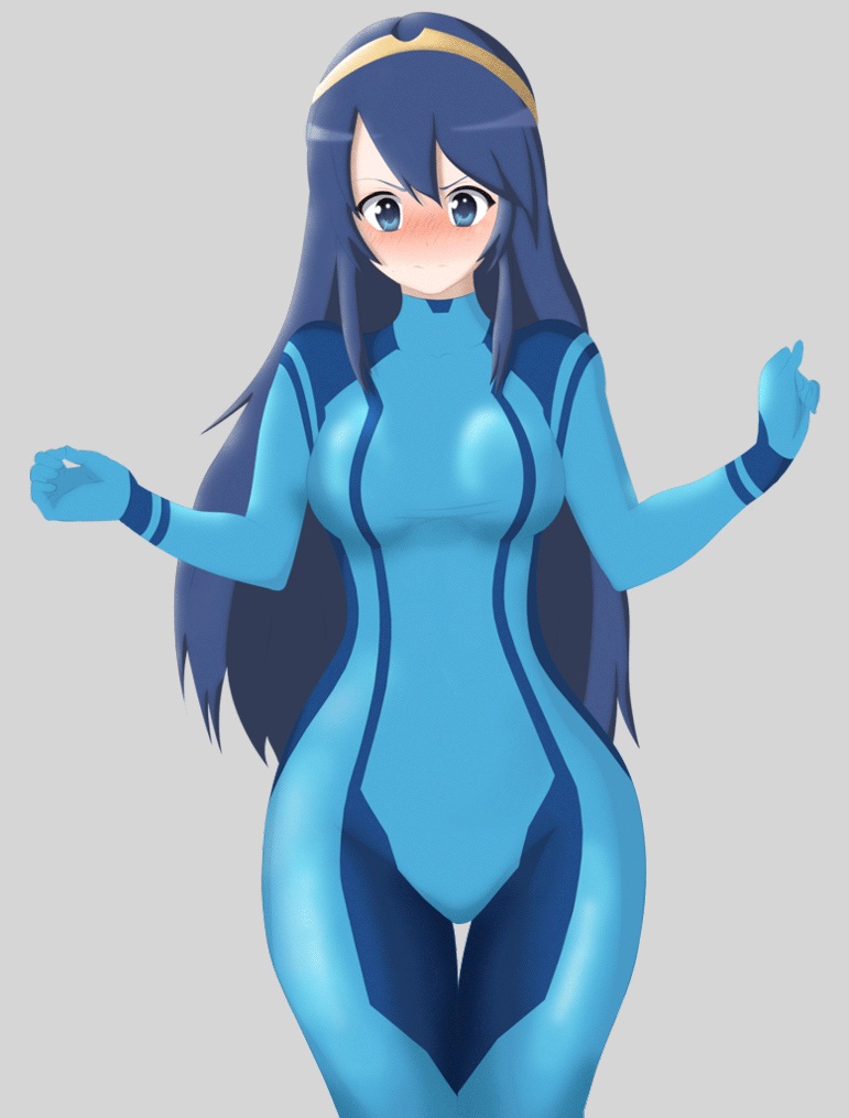 blue eyes, blue hair, blush, breasts, cosplay, curvy, female, female only, fire emblem, fire emblem awakening, human, large breasts, long hair, lucina (fire emblem), metroid, nintendo, samus aran (cosplay), solo, thigh gap, tiara, tight clothes, wide hips, zero suit