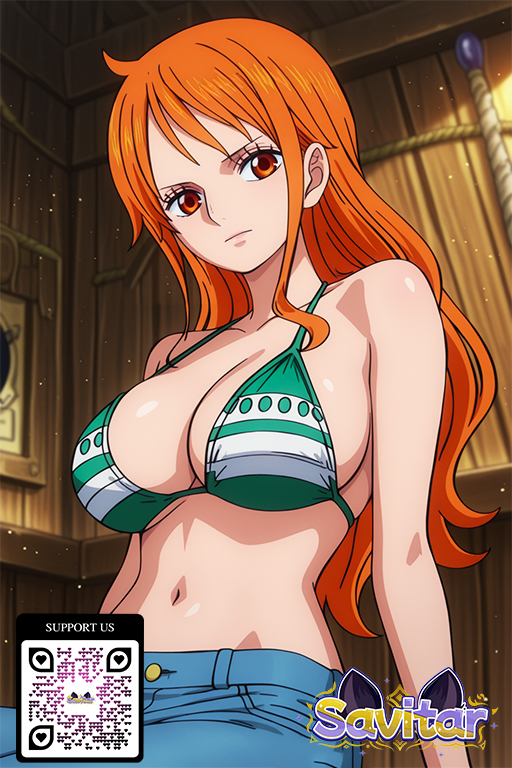 2 ai_generated armpits bangs bare_shoulders bikini bikini_top bikini_top_only blue_pants breasts cleavage closed_mouth clothing denim eyelashes female female_only green_bikini green_swimsuit halterneck indoors jeans large_breasts littlehentai long_hair looking_at_viewer midriff nami_(one_piece) navel one_piece orange_eyes orange_hair pants savitar savitar_(ai_generator) sidelocks smile solo stomach swimsuit upper_body window