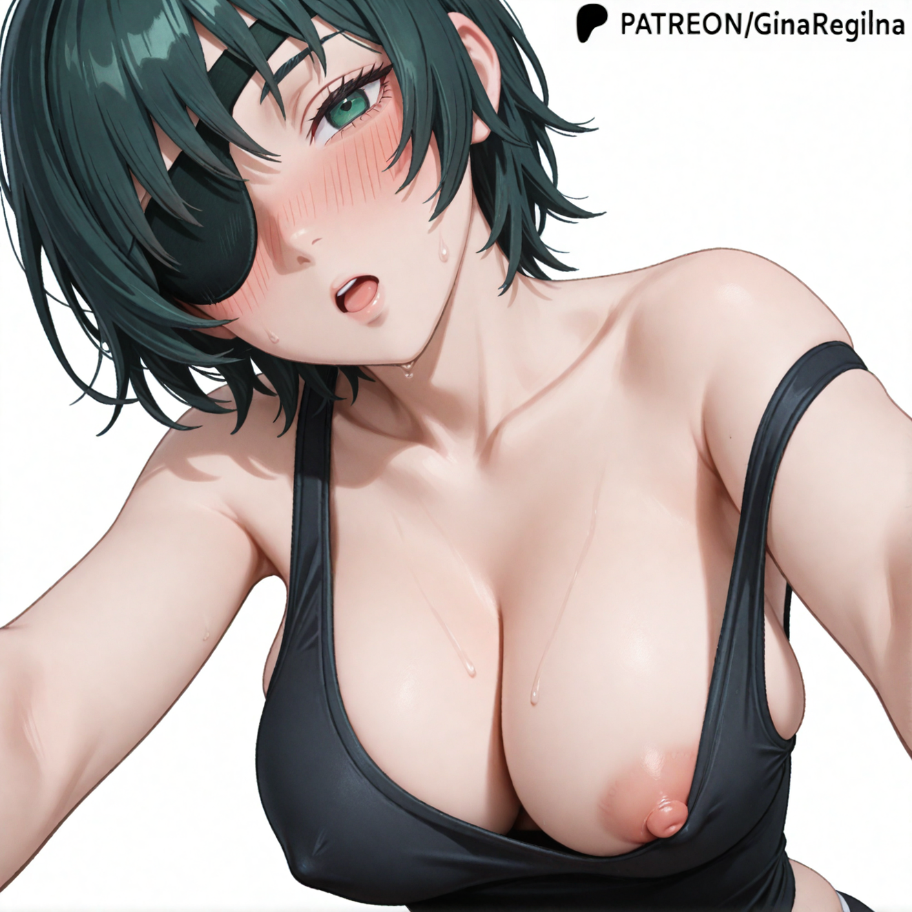 ai assisted, ai generated, black tank top, blush, blushing at viewer, breast out, breasts, chainsaw man, close up, dark green hair, drunk, eyepatch, female, ginaregilna, green eyes, highres, himeno (chainsaw man), imminent kiss, looking at viewer, nipples, nipples slip, nipples visible through clothing, off shoulder, open mouth, pov, pov eye contact, seductive, seductive look, short hair, sweat, tank top, upper body