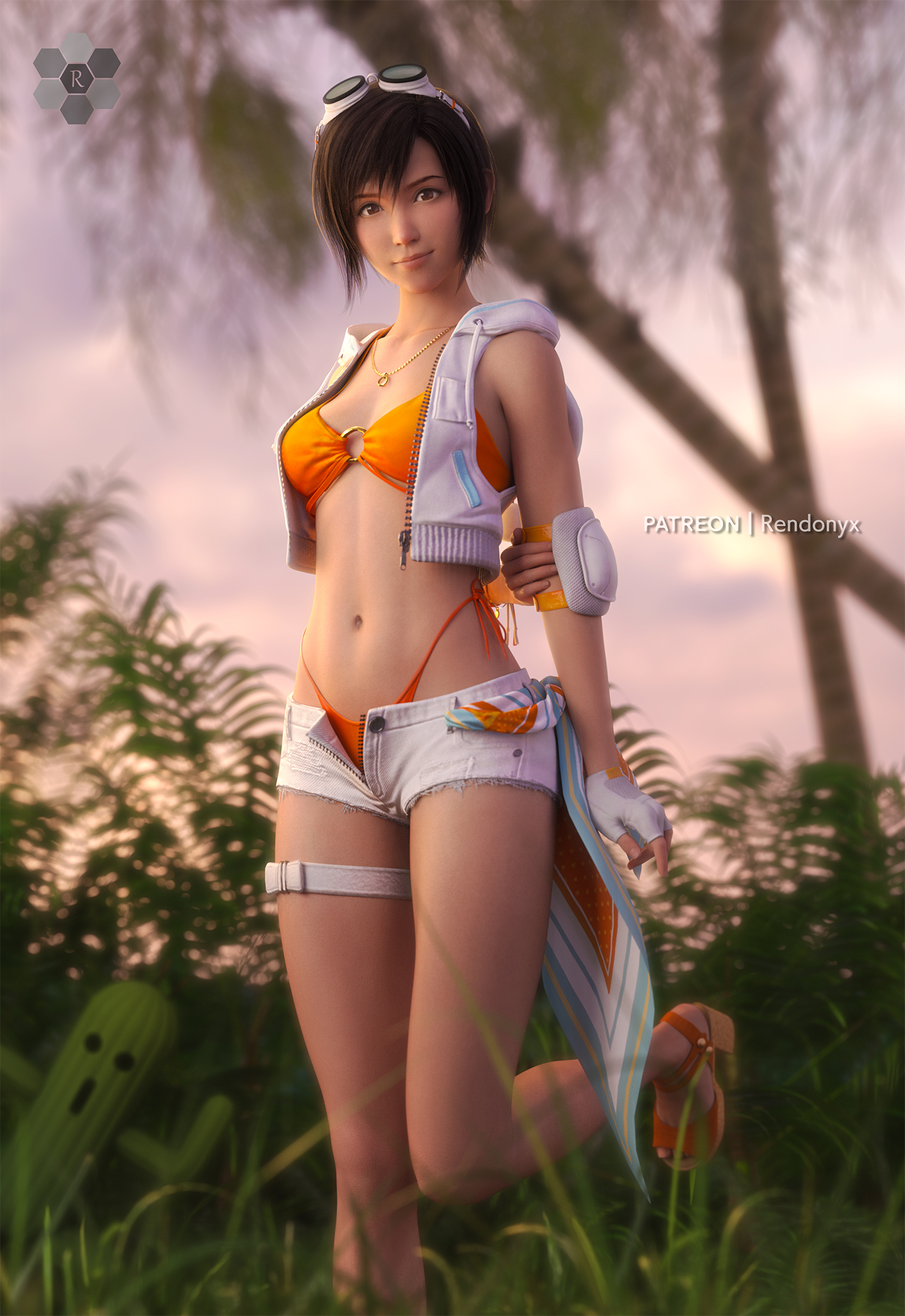 1girls, bikini, bikini bottom, bikini top, black hair, brown eyes, brown-eyed female, clothed, clothed female, female, female focus, female only, final fantasy, final fantasy vii, final fantasy vii remake, happy, happy female, light skin, light-skinned female, looking at viewer, petite, petite body, petite female, rendonyx, short hair, short-haired female, shorts, smile, smiling, smiling at viewer, solo, solo female, solo focus, yuffie kisaragi