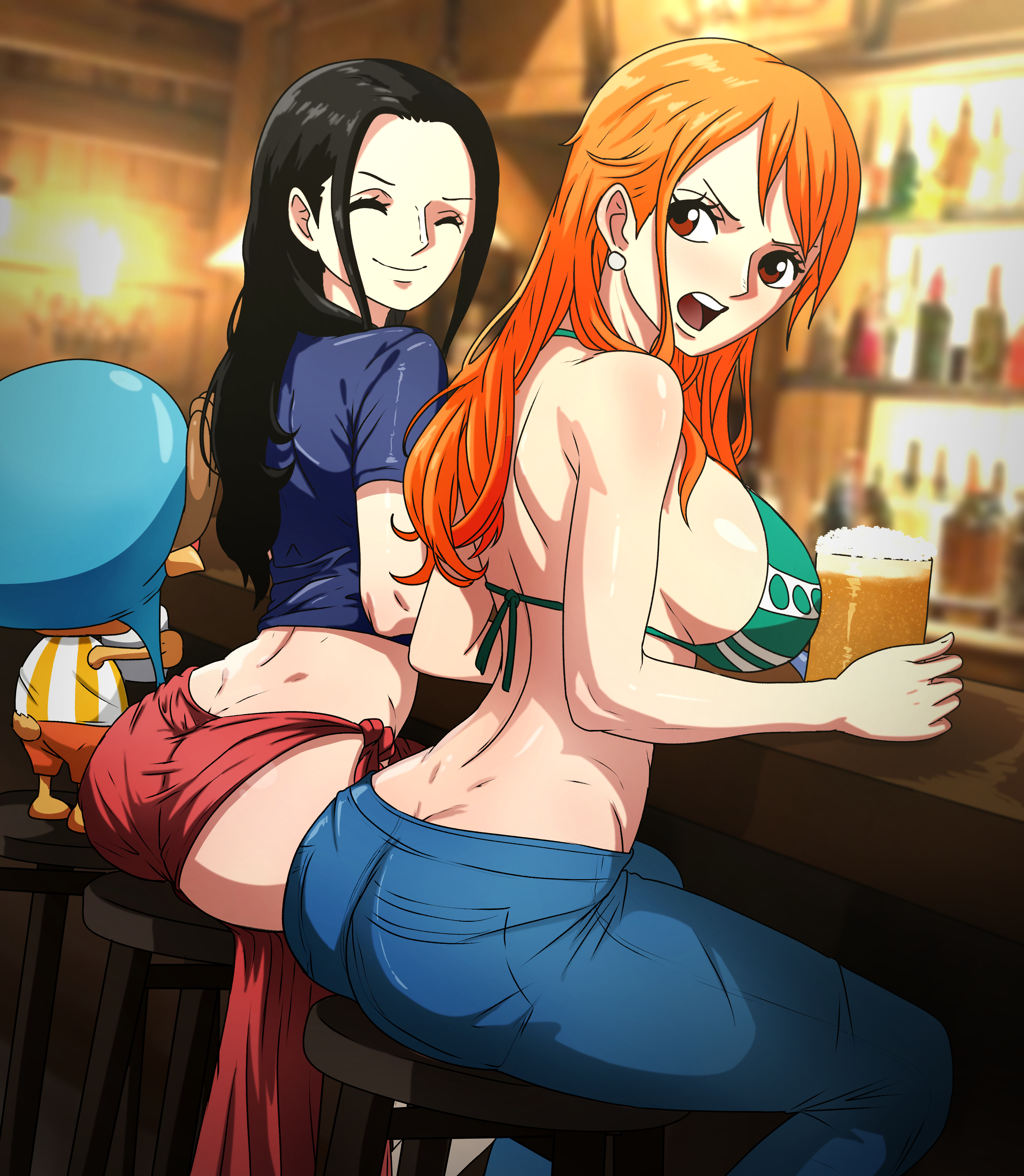 2girls, black hair, black-haired female, clothing, female, male, median furrow, nami (one piece), nico robin, no panties, noxdsa, one piece, orange hair, orange-haired female
