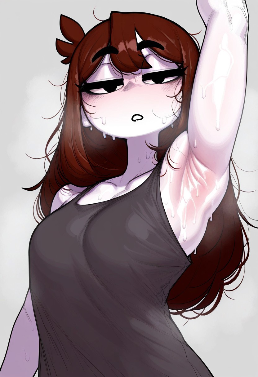 ai generated, armpits, blush, brown hair, casual, female, jaiden, jaiden animations, jaiden dittfach, long hair, muscular, sweat, tomboy, ts is so kevin