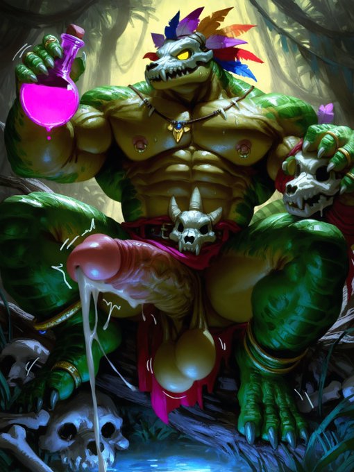 abs, ai generated, anthro, balls, bara, biceps, big balls, big muscles, big penis, cum, cum on penis, cumdrip, gay, hanging penis, helmet, lizard, male, male only, muscles, muscular, muscular male, pecs, penis, poney, potion, sagging balls, saggy balls, scale, scalie, skull, terraria, veiny penis, witch doctor (terraria), yaoi, yellow eyes