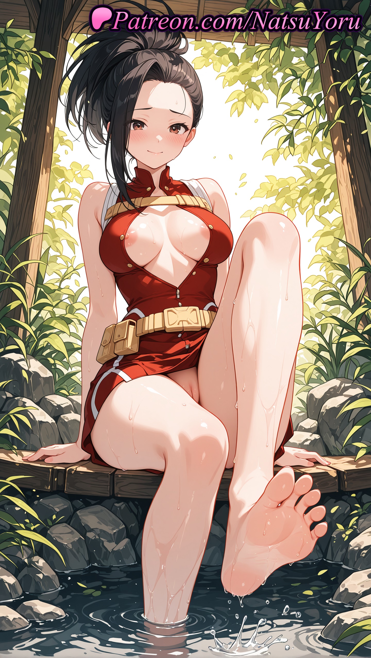 1girls, 2025, ai generated, bare arms, bare shoulders, barefoot, belt, black hair, black-haired female, blush, boku no hero academia, breasts, center opening, cleft of venus, closed mouth, dress, feet, female, hair pulled back, hi res, high ponytail, highres, large breasts, legs, looking at viewer, momo yaoyorozu, my hero academia, natsuyoru, nipple slip, nipples, no panties, outdoors, patreon, ponytail, pussy, rock, sitting, skirt, smile, soaking feet, soles, solo, toes, vagina, voluptuous, voluptuous female, water, wet, yaoyorozu momo
