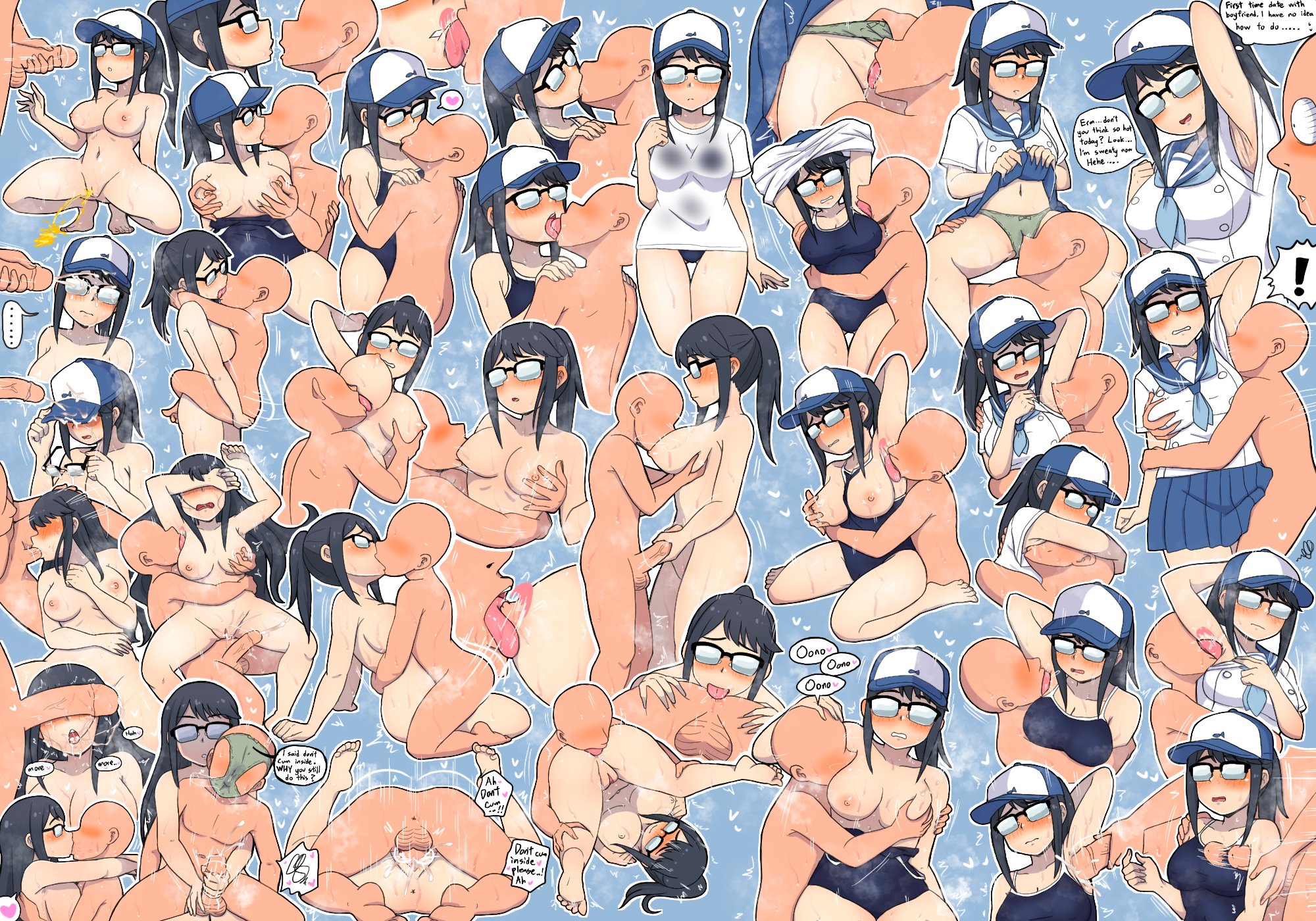 1boy, 1girls, armpits, big boobs, big breasts, big tits, black hair, black-haired female, blowjob, boobs, breasts, cum, cum in pussy, cum inside, cum on face, female, french kiss, french kissing, genshiken, glasses, hairless armpits, handjob, hat, hourglass figure, huge boobs, huge breast, huge tits, ivancyxic, kissing, large boobs, large breasts, large tits, licking, licking armpit, male, massive boobs, massive breasts, massive tits, masturbation, mating press, no bra, no panties, oono kanako, panties, peeing, ponytail, pussy, rimming, rimming female, rimming male, sex, simple background, sucking nipples, thick thighs, thighs, tits, vaginal penetration, vaginal sex