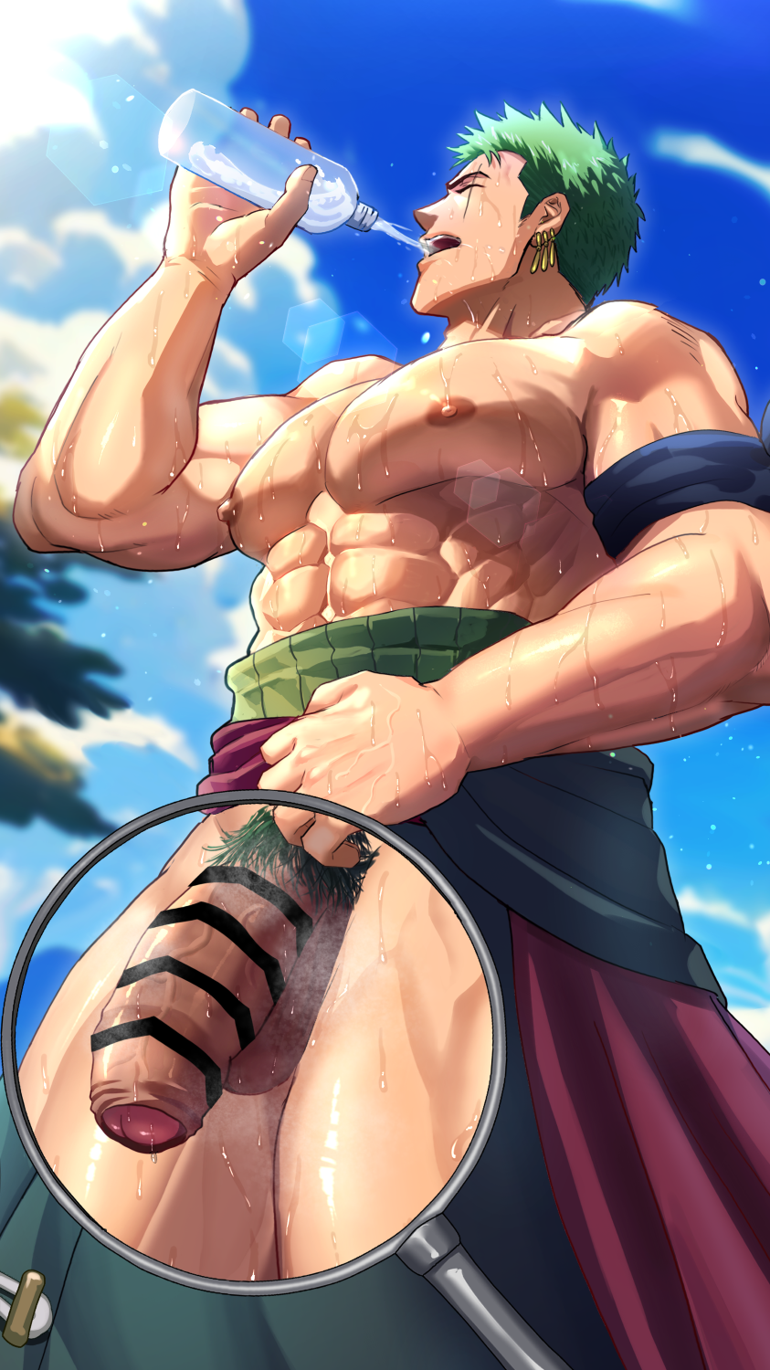 1boy abs armband balls bara beefy biceps big_penis censor_bar censored censored_penis closed_eyes cloud dark_penis earrings erect_nipples flaccid foreskin gay green_hair haramaki hi_res holding_bottle holding_object huge_cock hunk izukonohito long_penis low-angle_view magnifying_glass male male_breasts male_only masculine_male mature_male morning muscles muscular muscular_arms muscular_male musk musk_clouds musky_cock one_piece pecs penis penis_bigger_than_head pointless_censoring post-timeskip pov pubic_hair quadriceps robe roronoa_zoro sash scar scar_across_eye scar_on_face see-through short_hair six_pack sky solo standing steam steamy steamy_penis sunlight sweat sweatdrop sweating sweaty sweaty_balls sweaty_genitalia sweaty_penis thick_arms thick_penis thick_thighs topless tough_guy triceps uncircumcised uncut veiny_hands veiny_penis very_sweaty water water_bottle yaoi