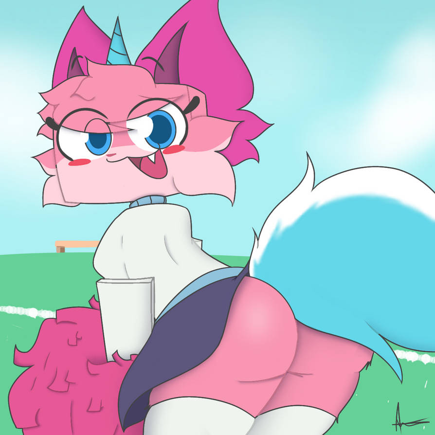 1girls, 2025, anthro, ass, ass focus, back view, blue eyes, blue horn, blue tail, blush, blushing at viewer, butt, butterkun, butterkun (artist), cat girl, catgirl, cheerleader, cheerleader uniform, clothed, clothing, cute, day, domestic cat, felid, feline, felis, female, female only, football field, fur, furry, hi res, holding object, holding pom poms, horn, looking at viewer, looking back, looking back at viewer, open mouth, pink body, pink fur, pink nose, pom poms, rear view, simple background, skirt, sky, smile, smiling, smiling at viewer, solo, solo female, standing, tail, teeth, thick thighs, thighs, tongue, two-tone body, two-tone fur, unicorn, unicorn horn, unikitty, unikitty (series), unikitty!, unknown artist, upskirt, white tail