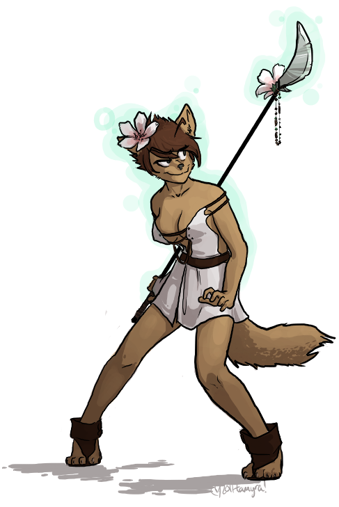 cleavage female flower full-length_portrait full_length furry lance medium_breasts portrait solo standing tamyra weapon