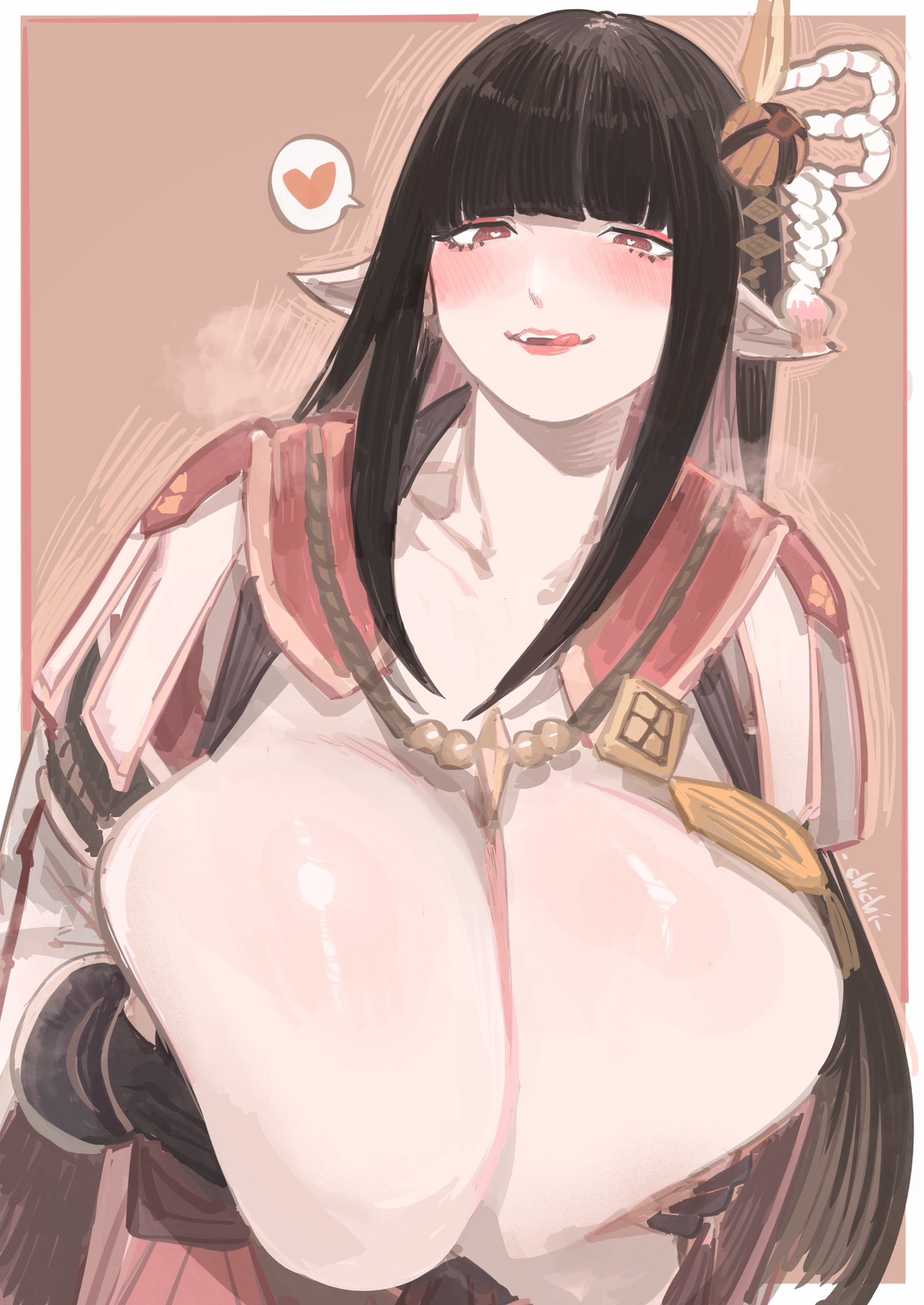 black hair, breasts, chichi8181, female, heart-shaped pupils, hinoa, huge breasts, imminent sex, japanese clothes, licking lips, smile