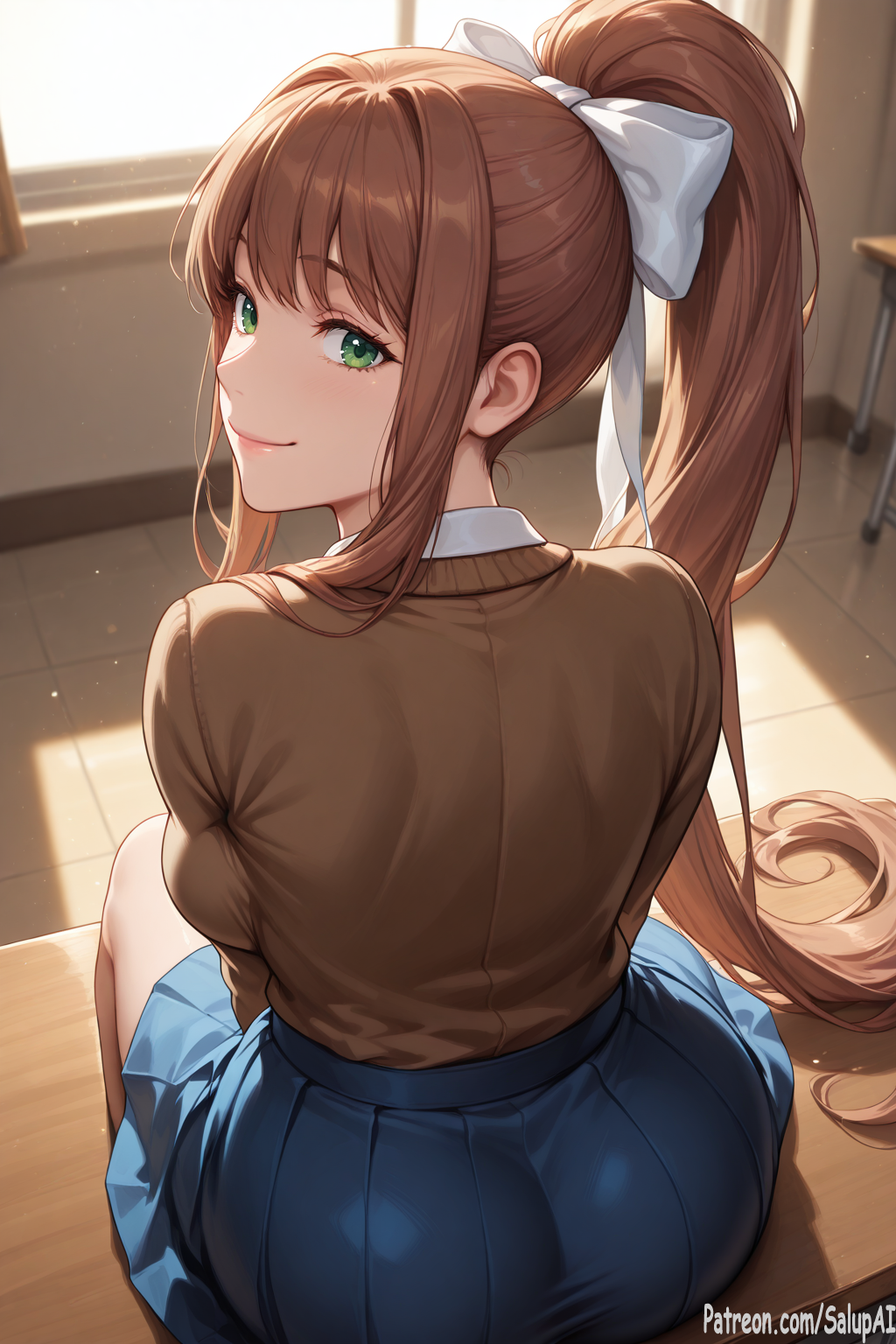 1girls ai_generated ass brown_hair clothed doki_doki_literature_club female female_only from_behind green_eyes hair_ribbon long_hair long_ponytail looking_at_viewer looking_back_at_viewer monika_(doki_doki_literature_club) patreon ponytail salupai sfw sitting smile solo_female uncensored watermark